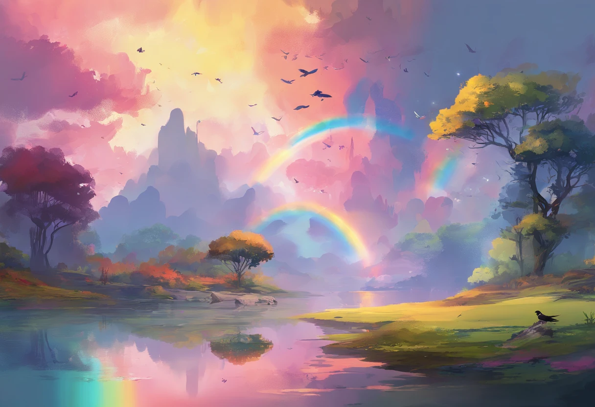 （（A rainbow appears in the sky after the rain）），baiyun, after rainny, Calm lake, inverted image, The outline of the tree, Birds fly, freshen, magical, Beautiful natural landscape