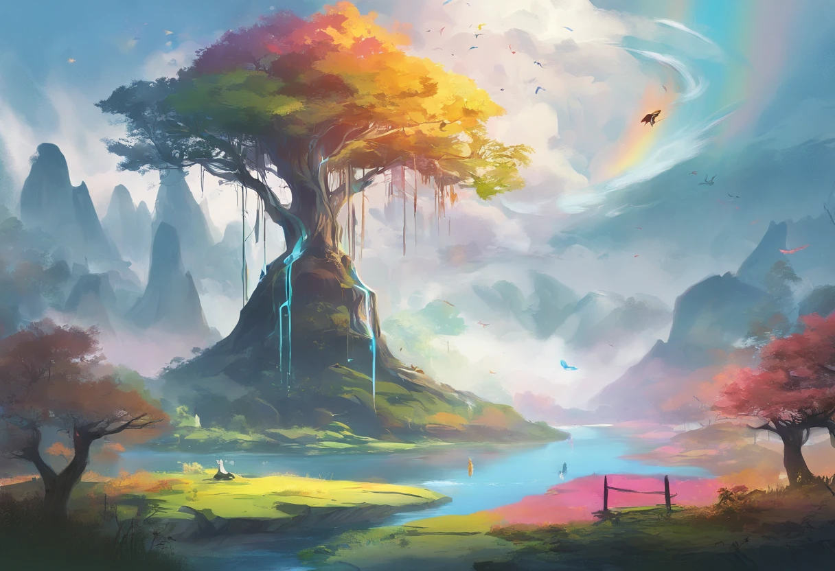 ((A rainbow appears in the sky after the rain)),baiyun, after rainny, Calm lake, inverted image, The outline of the tree, Birds fly, freshen, magical, Beautiful natural landscape