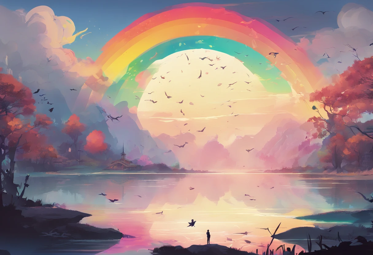 ((A rainbow appears in the sky after the rain)),baiyun, after rainny, Calm lake, inverted image, The outline of the tree, Birds fly, freshen, magical, Beautiful natural landscape