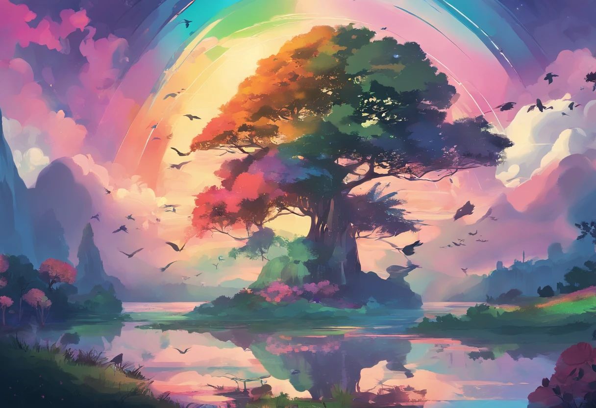 （（A rainbow appears in the sky after the rain）），baiyun, after rainny, Calm lake, inverted image, The outline of the tree, Birds fly, freshen, magical, Beautiful natural landscape