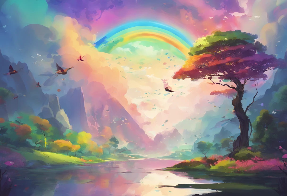 （（A rainbow appears in the sky after the rain）），baiyun, after rainny, Calm lake, inverted image, The outline of the tree, Birds fly, freshen, magical, Beautiful natural landscape