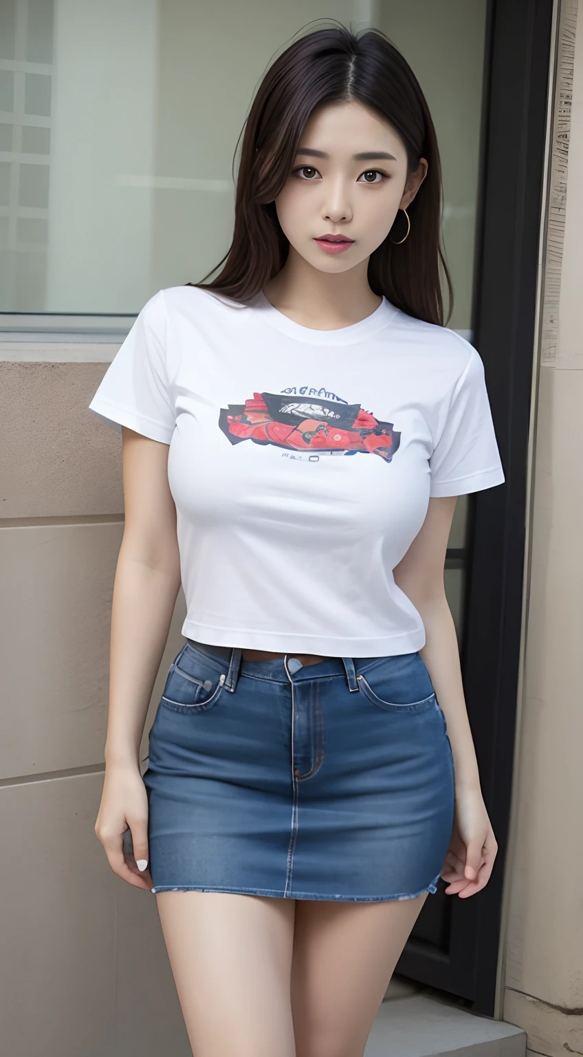 ((masterpiece, best quality)),((highres:1.2)), 1 Girl, solo, Blurred Background, (((Small breasts))), Thighs, (Stripe underwear), Print T-Shirts,