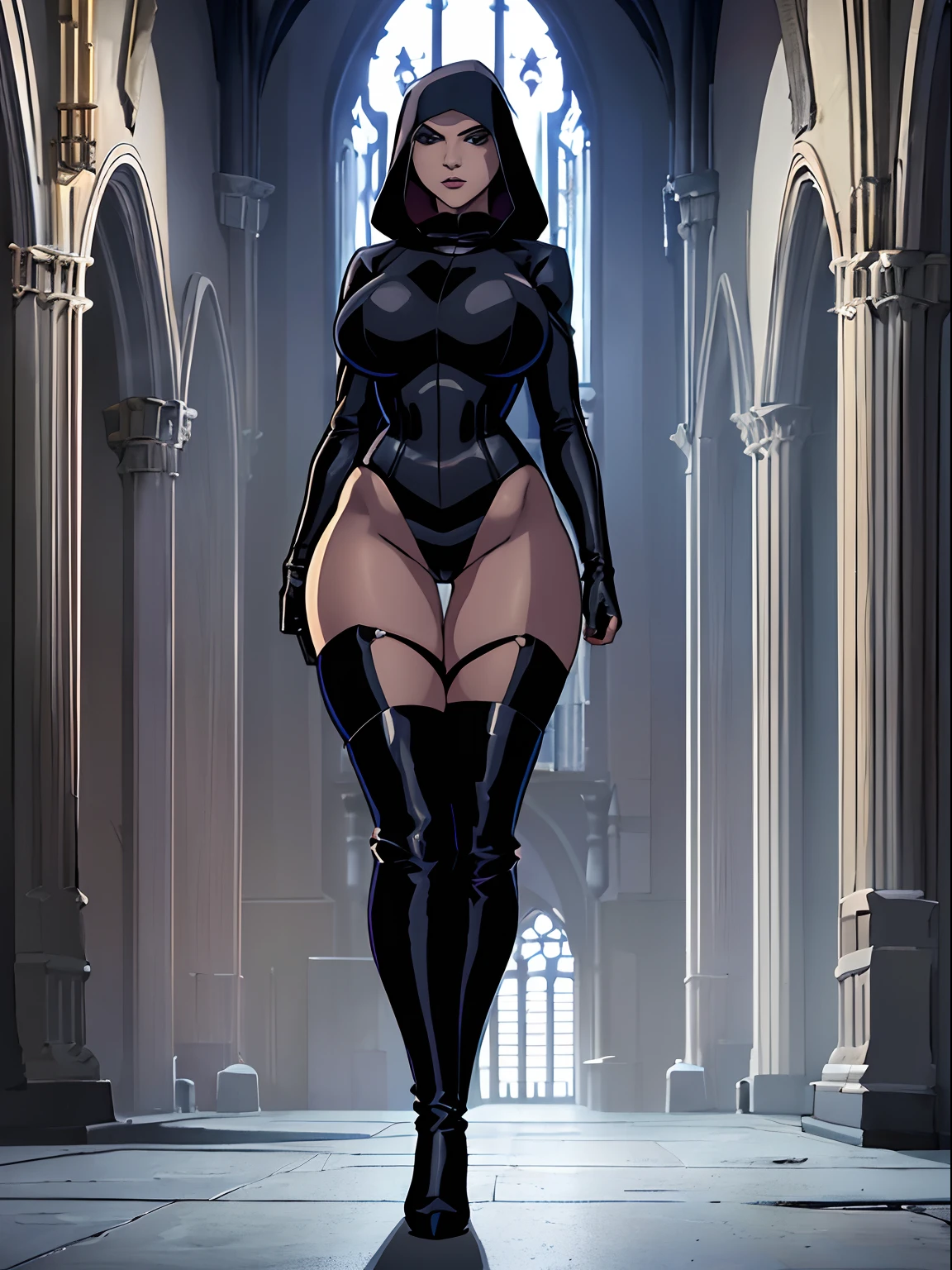(masterpiece, top quality, best quality, official art, beautiful and aesthetic:1.2), (1girl:1.3), light freckles, fair skin, extremely detailed, portrait, looking at viewer, solo, (full body:0.6), detailed background, close up, (dark gothic theme:1.1), athletic busty petite nun with guns, charlatan, smirk, mysterious, swaggering through cathedral, modest attire, black habit, cowl, nun hood, wimple, thigh-high boots, bodysuit, leotard, corset, thigh-highs, tights, loose sleeves, cloak, leather straps, ammunition pouches, long boots, submachineguns, SMGs, MP5s, thigh pouches, holsters, garters, ((((narrow hips, slim sexy body, gigantic breasts)))), slim waist, slim hips, long legs, modern (cathedral exterior:1.1) background, dark mysterious lighting, shadows, magical atmosphere, dutch angle,