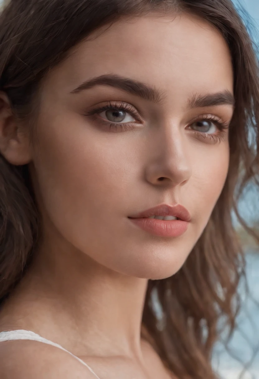 Photo d'une belle fille de 25 ans, brune, latine, beaux yeux, sexy, Gros plan, jeune, DSLR, 8k, 4K, ultrarealistic, Realstic, peau naturelle, textured skin, angle dynamique, gros seins, soleil, ciel bleu, nature, bikini, haut du corps