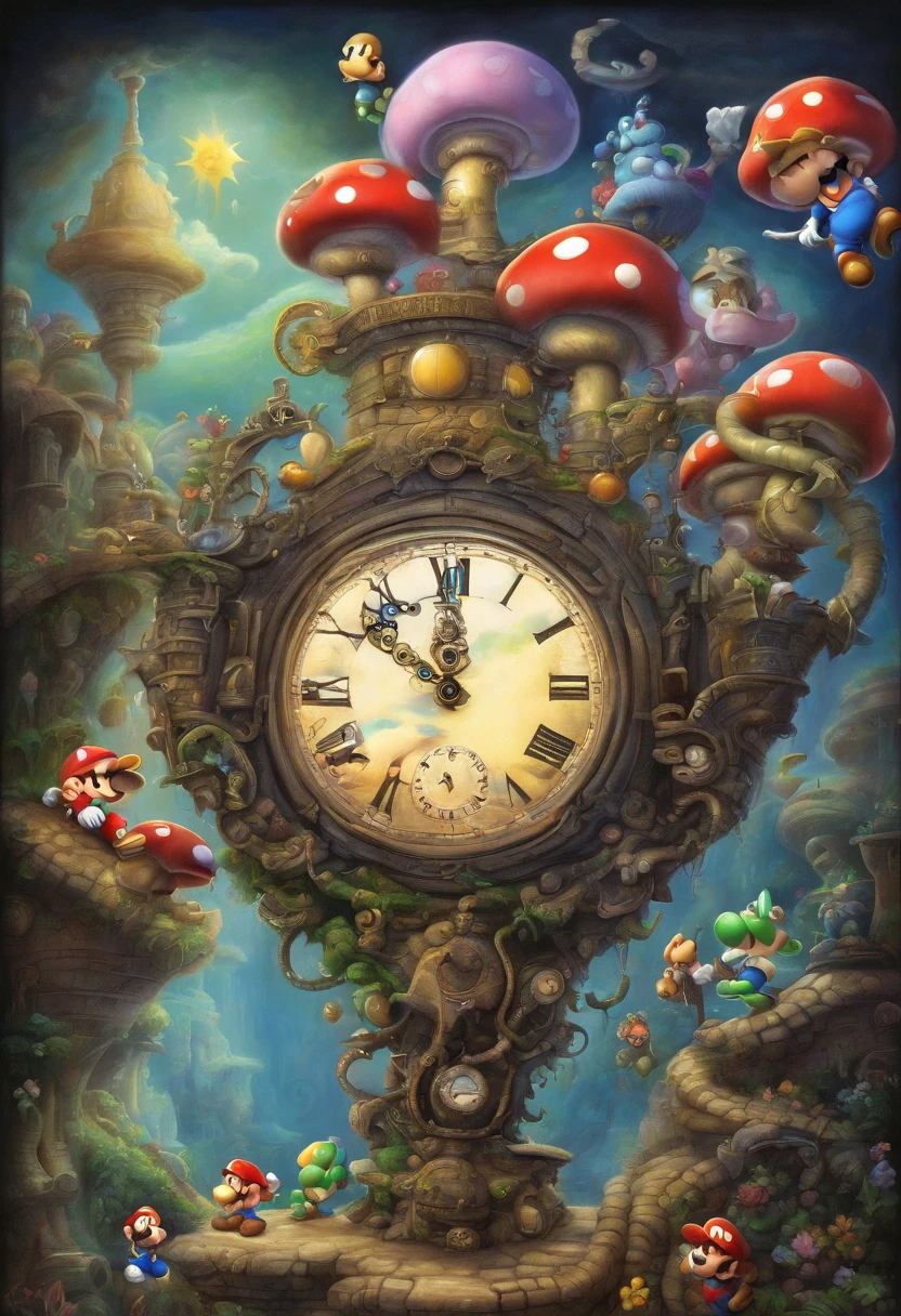Time flows from a broken clock, drop by drop, dark fantasy Daniel Merriam,  H. R. Giger artist style