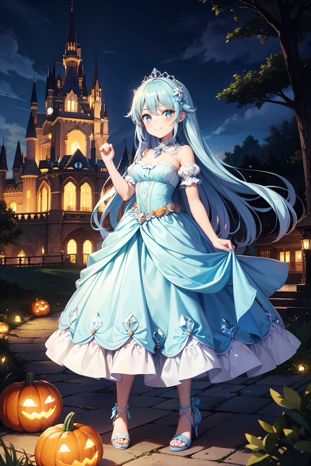 Pumpkin carriage,(Pumpkin carriage on background),Fairy World,one girls,adorable smiling, Cinderella,Light blue long hair, Twin-tailed,Long Blue Crystal Dress,Moonlight,Long steps,Crystal Shoes,