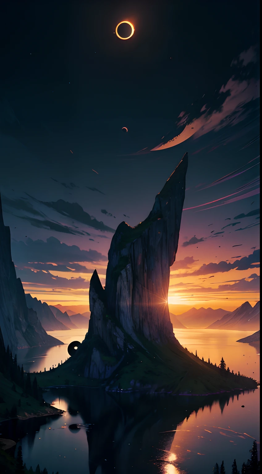 (masterpiece), (night:1.3, eclipse:1.4), gorgeous landscape, epic, wallpaper, 4k,intricate, amazing view, breath taking image, stunning, incredible,perfect lighting, dramatic lighting, intricate, inspiring atmosphere, realistic, goo emotions, beautiful clouds, waterfall, mountains, valleys, ancient, fantasy style,realistic, ultra detailed, high res, absurdes, artistic, creative, depth, colossal, nature, life,time, wind, cosy, vivid colors, professional image, award winner image, epic colors, contrast, peaceful atmosphere, particles glow, reflection