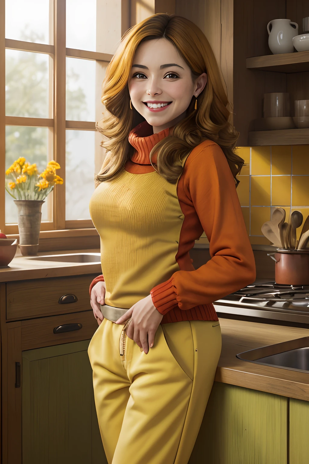 Una foto de belleza de 5 voltios,with red sweater, Delantal amarillo, pantalones verdes, En pie, Mirando al espectador, sonriente, feliz,
dentro, cocina, Soft natural lighting, Detalle extremo, HDR,