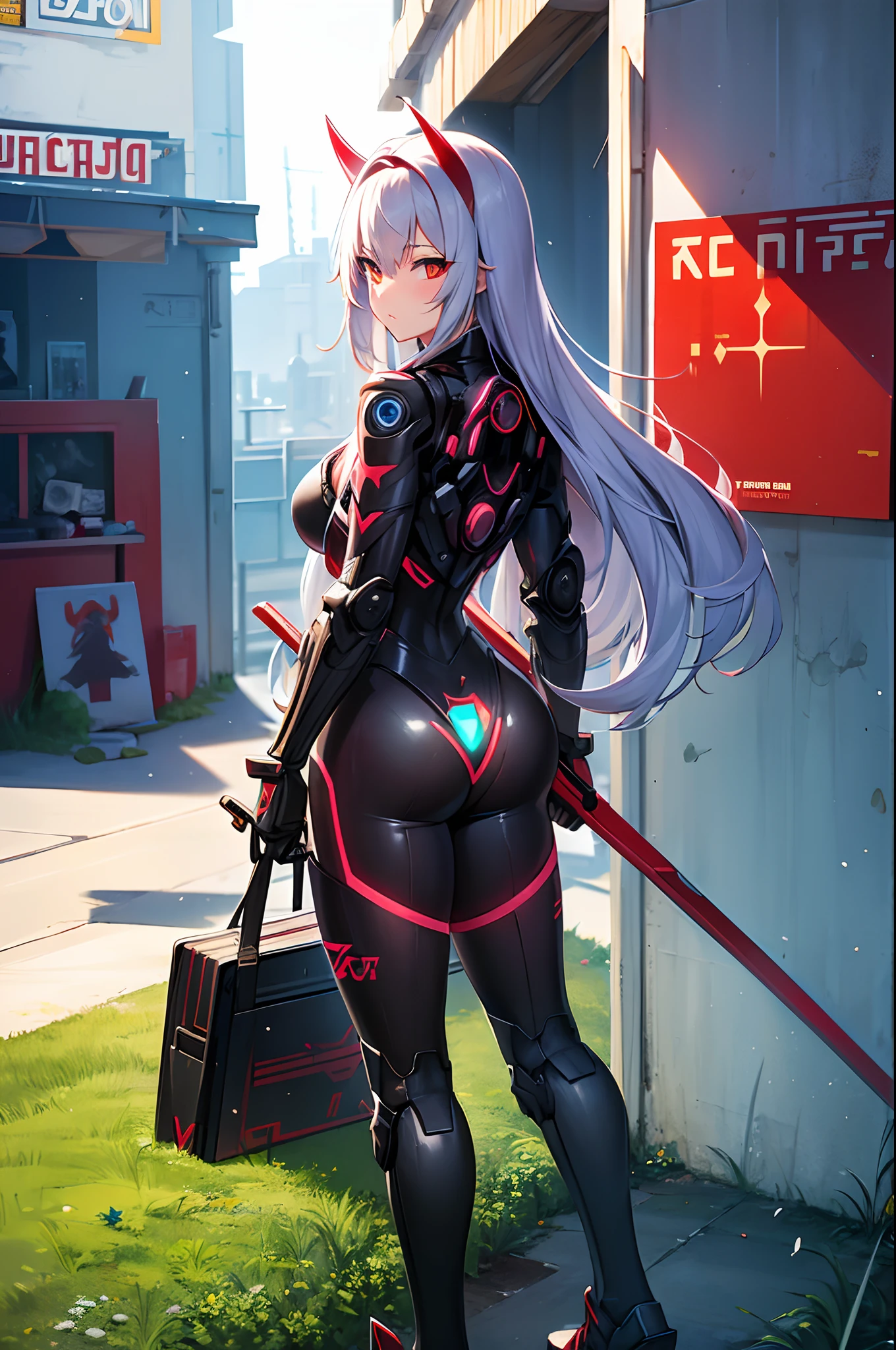 beautiful young girl in a futuristic female warrior armor(cyborg neon armor), style Soviet poster, USSR poster, guns and swords in the background, mech war in the background, sunny weather, anime, manga graphics, dark colors, offset printing, high detail, Poster, 8K, HD, CMYK, Happy, Natural Lighting --q 2 --ar 9:16,whit demon mask oni, nsfw