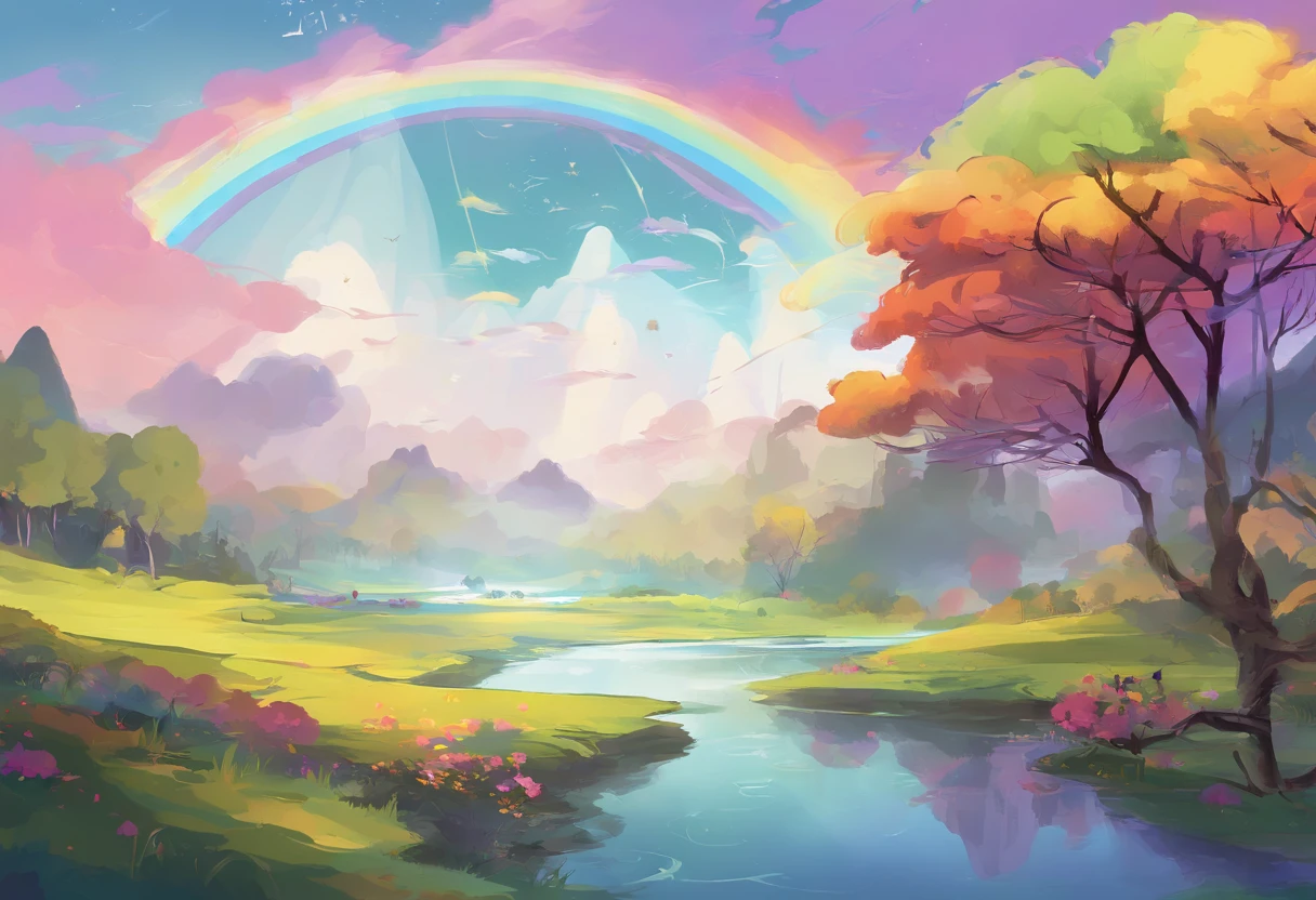 A painting of a rainbow over a river with trees and flowers - SeaArt AI
