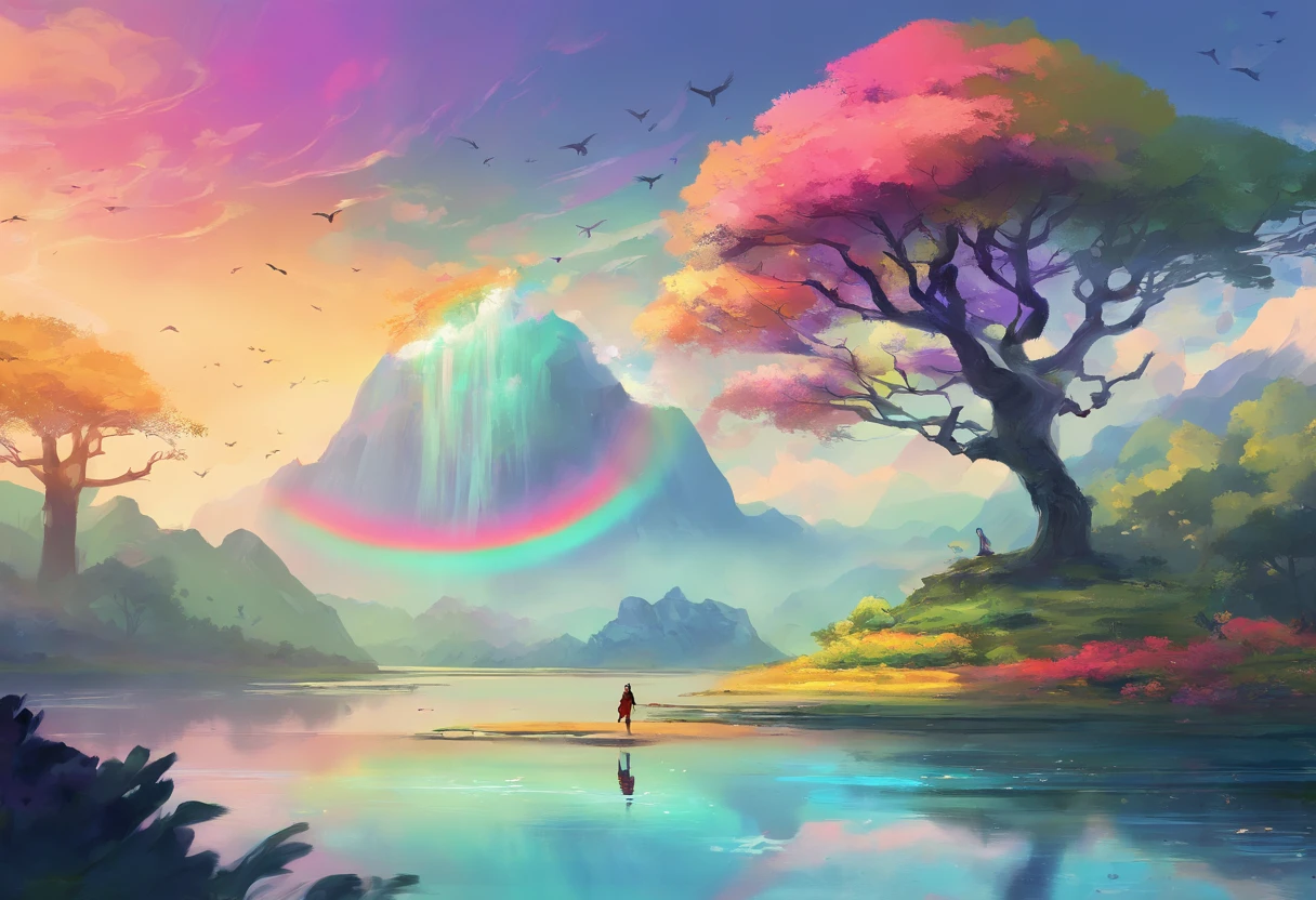 ((A rainbow appears in the sky after the rain)),baiyun, after rainny, Calm lake, inverted image, The outline of the tree, Birds fly, freshen, magical, Beautiful natural landscape