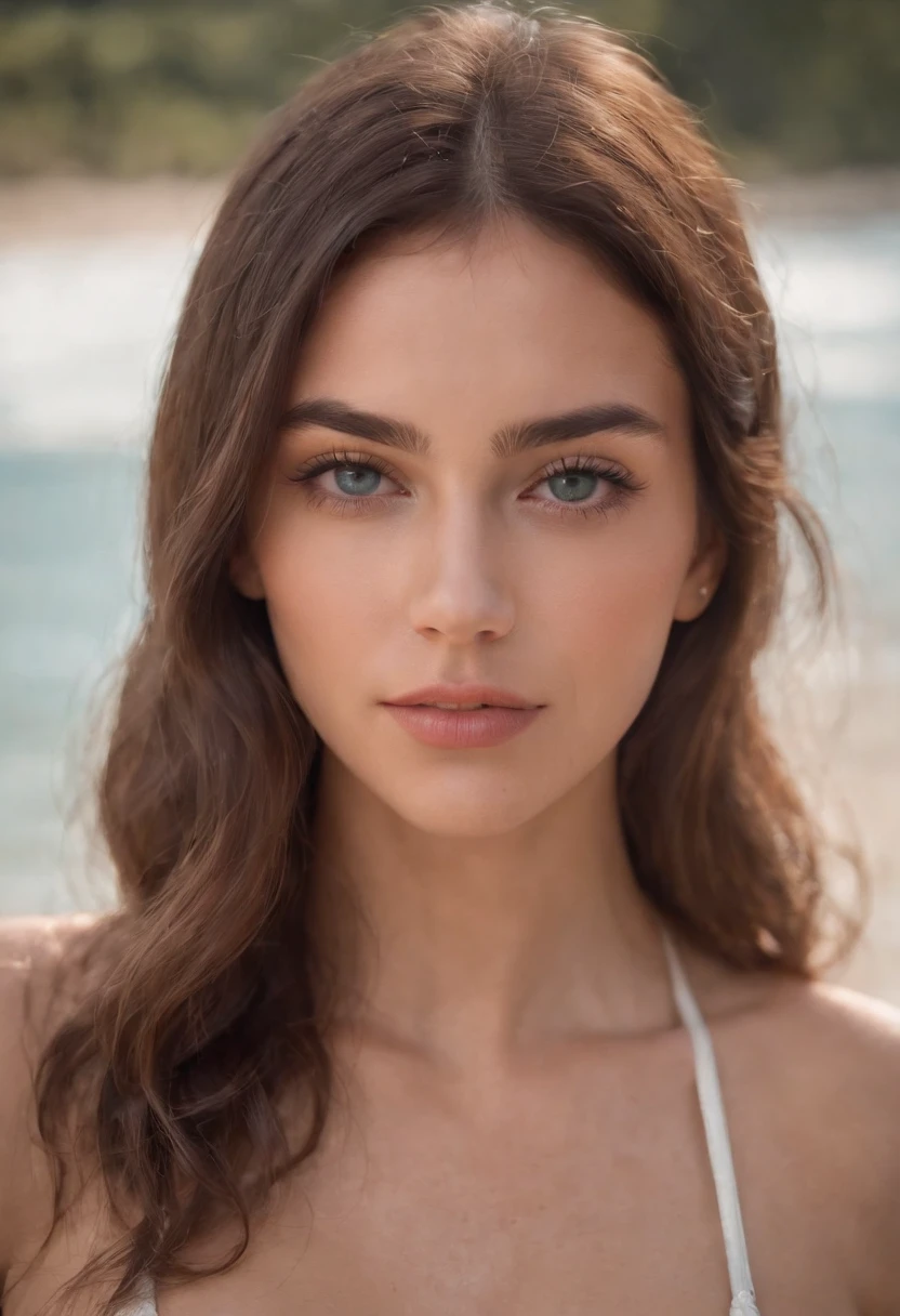 Photo d'une belle fille de 25 ans, brune, latine, detailled eyes, sexy, Gros plan, jeune, DSLR, 8k, 4K, ultrarealistic, Realstic, peau naturelle, textured skin, angle dynamique, gros seins, soleil, ciel bleu, sable, eau turquoise, nature, bikini, maillot, haut du corps