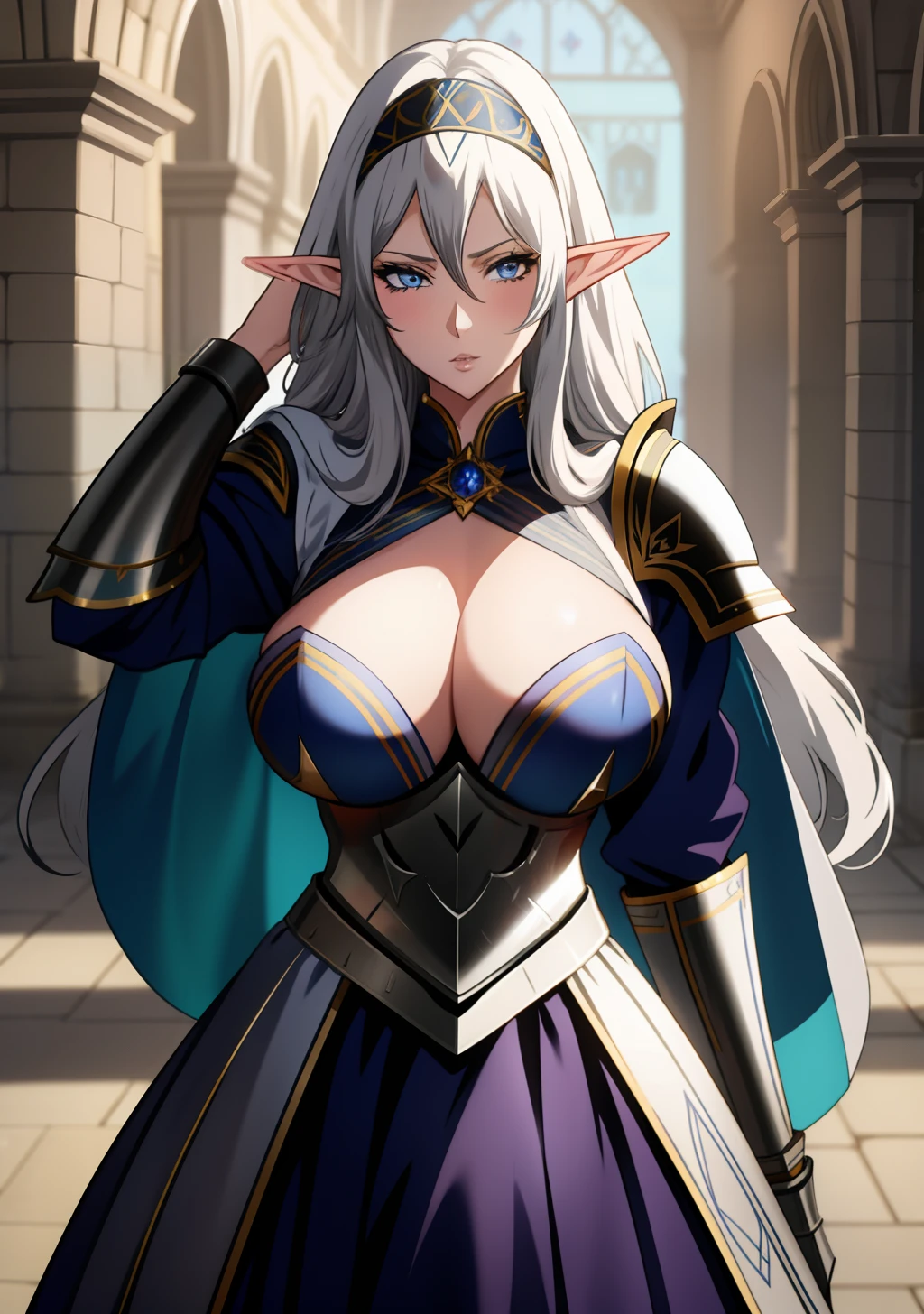 Blue gold Knight armor, knight helmet, skirt, huge tits, head band, busty, silver hair, elf ears, cool face, beauty mark under eyes, blue eyes, long hair, intrincate details, detailed, masterpiece, best quality, 4K, HDR, royal hall, gothic building, upperbody,