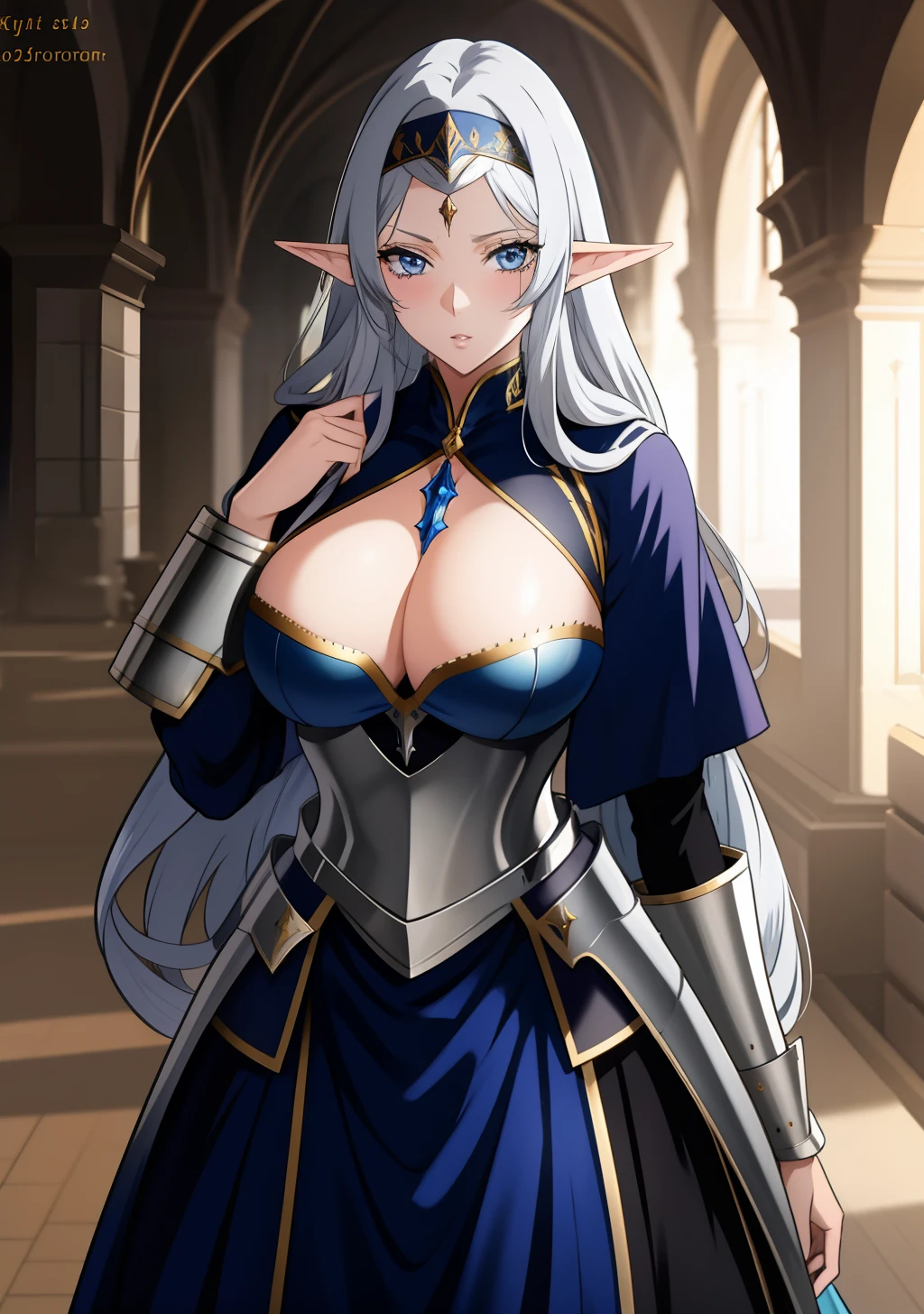 Blue gold Knight armor, knight helmet, skirt, huge tits, head band, busty, silver hair, elf ears, cool face, beauty mark under eyes, blue eyes, long hair, intrincate details, detailed, masterpiece, best quality, 4K, HDR, royal hall, gothic building, upperbody,