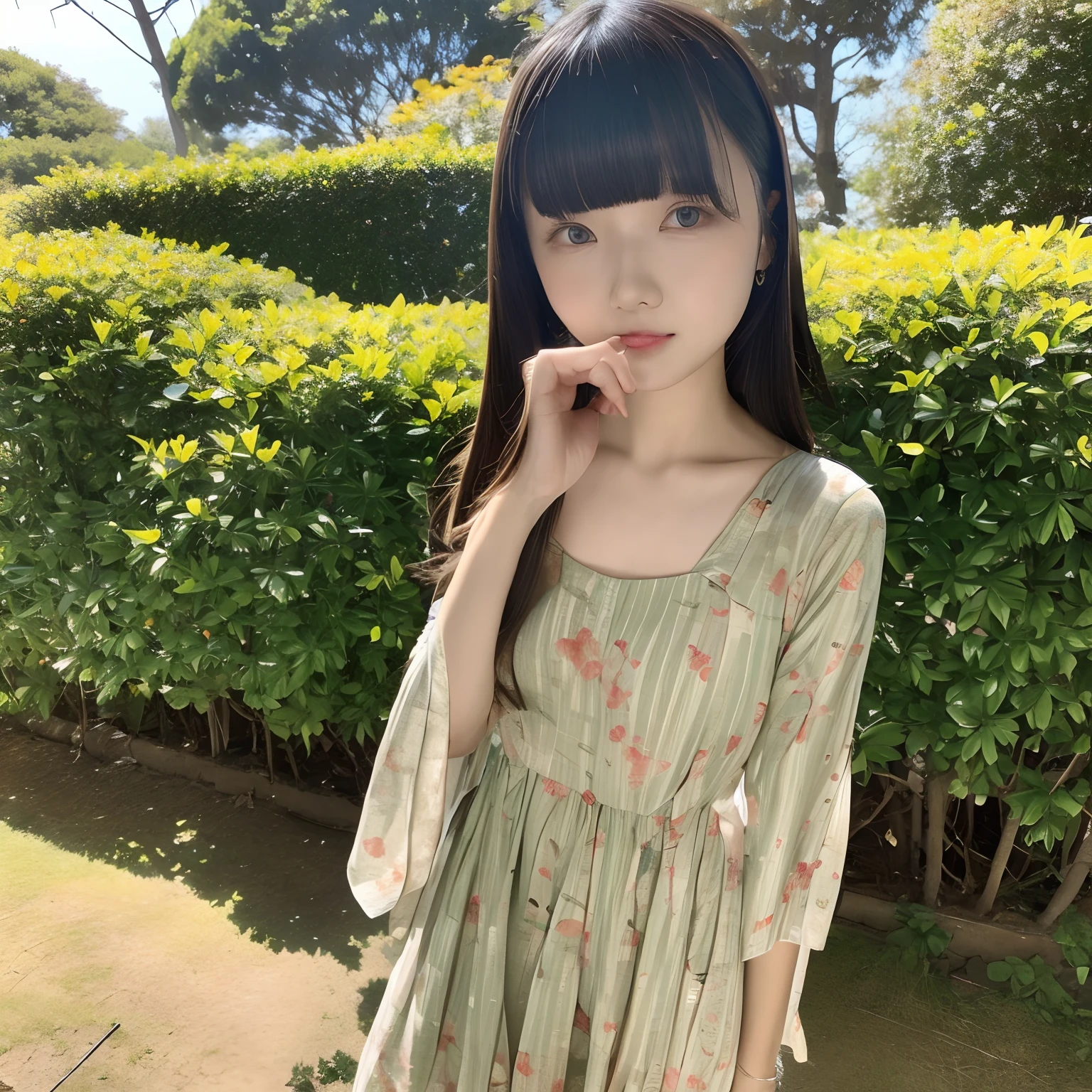 1girl in, against_tree, aki_shizuha, irate_vein, Autumn, Autumn_Leaves, Bangs, Bare_tree, Blue_Eyes, blunt_Bangs, branch, Night, Dress, Falling_Leaves, forest, ginkgo_fronds, Holding_fronds, lake, fronds, fronds_Background, fronds_hair_ornament detached, fronds_SUI_Head, fronds_print, Lips, long_hair, up looking_で_viewer, Maple_fronds, Nature, Outdoors, Solo, Standing, stone statue_lantern, tree, Under_tree, Black hair, Herren