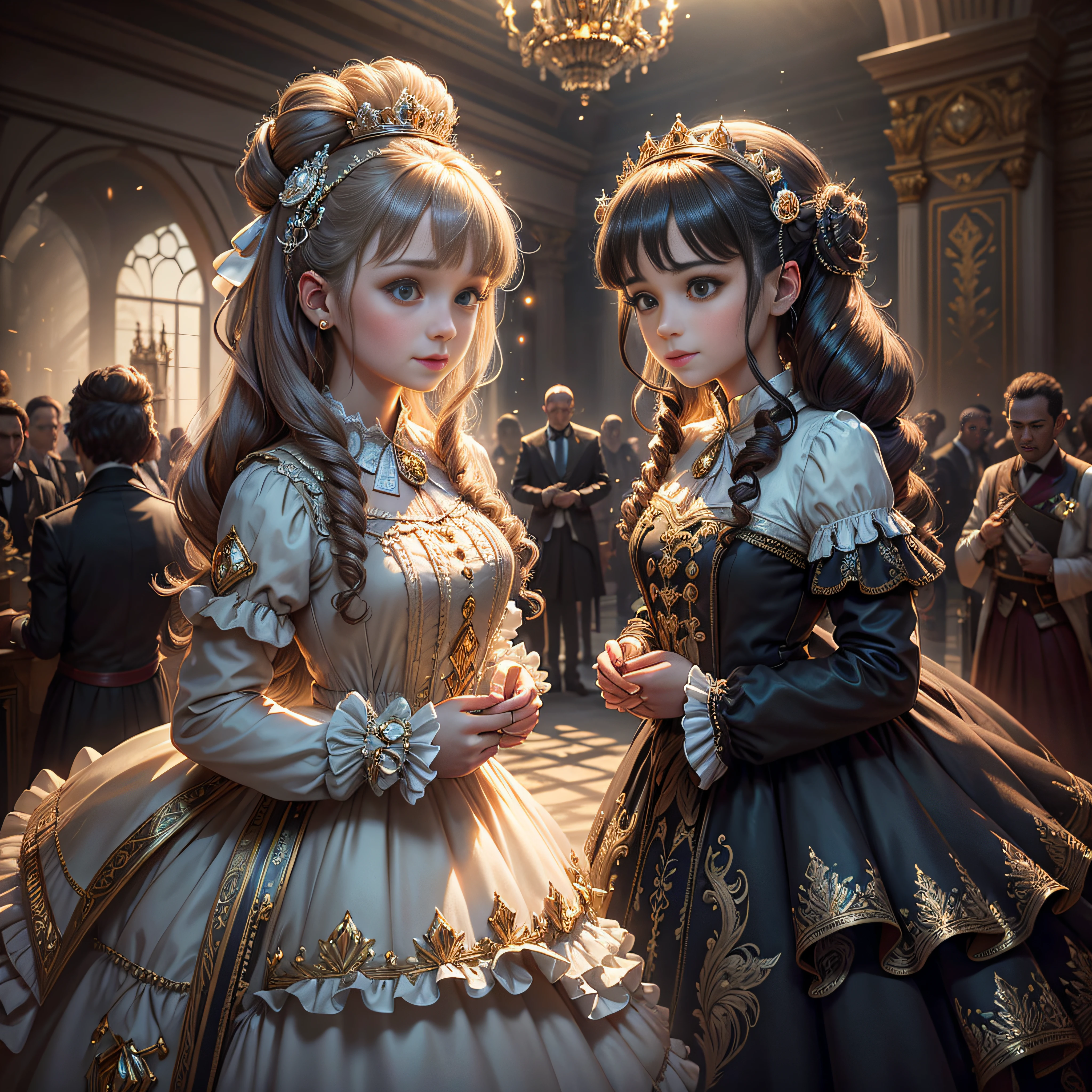 dramatic compositions, Dress in court style, royal, Gorgeous, Cascade frills, frilld, the bow, crystal chandeliers, Roman curly hairstyles, ponet, Double ponytail like a drill, Look at the camera, Bangs, maximalism, palace background, Delicate depiction of hair and eyes, Princess Dresses, Gorgeous skirts, Flowers in hand, Smiles, Starry eyes, Cinematic Light, Extreme Detail, High Definition, happy girl, Very long hair, Diamonds, Broken Diamond, Junction chips, light Particle --auto