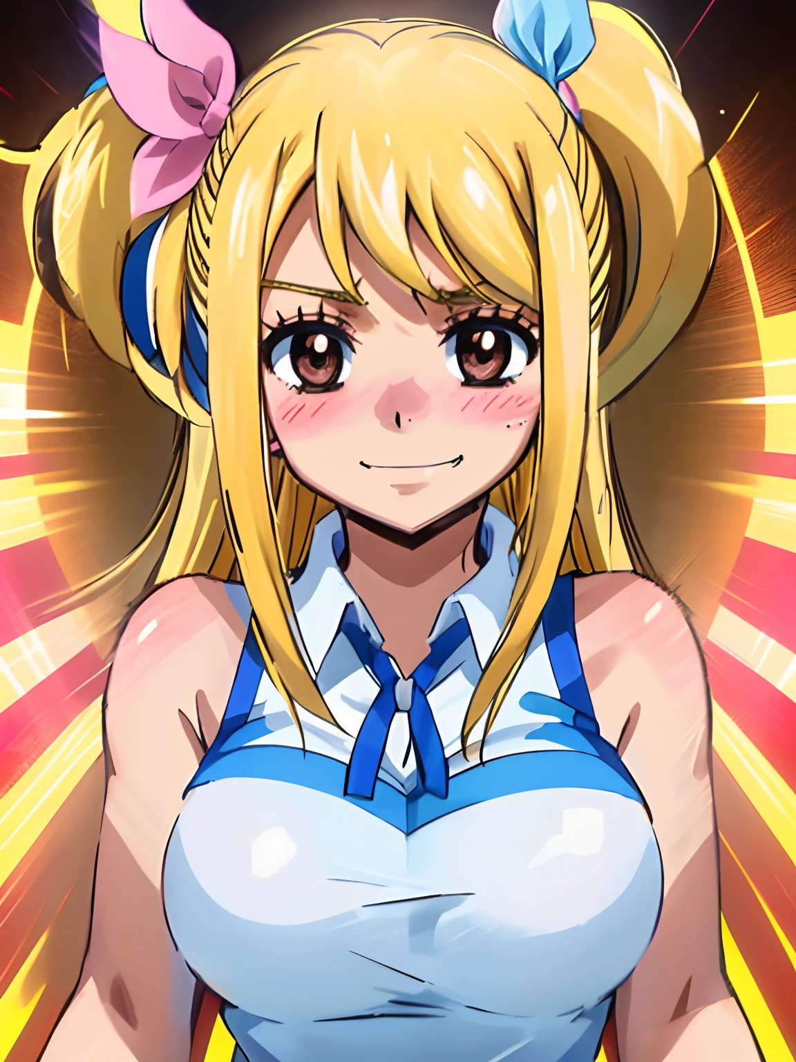 masterpiece, best quality, large breasts, lucy heartfilia, solo, blonde hair, brown eyes, long hair, side ponytail, bare shoulders, sleeveless, hair ribbon, evil smile, blush, breath, upper