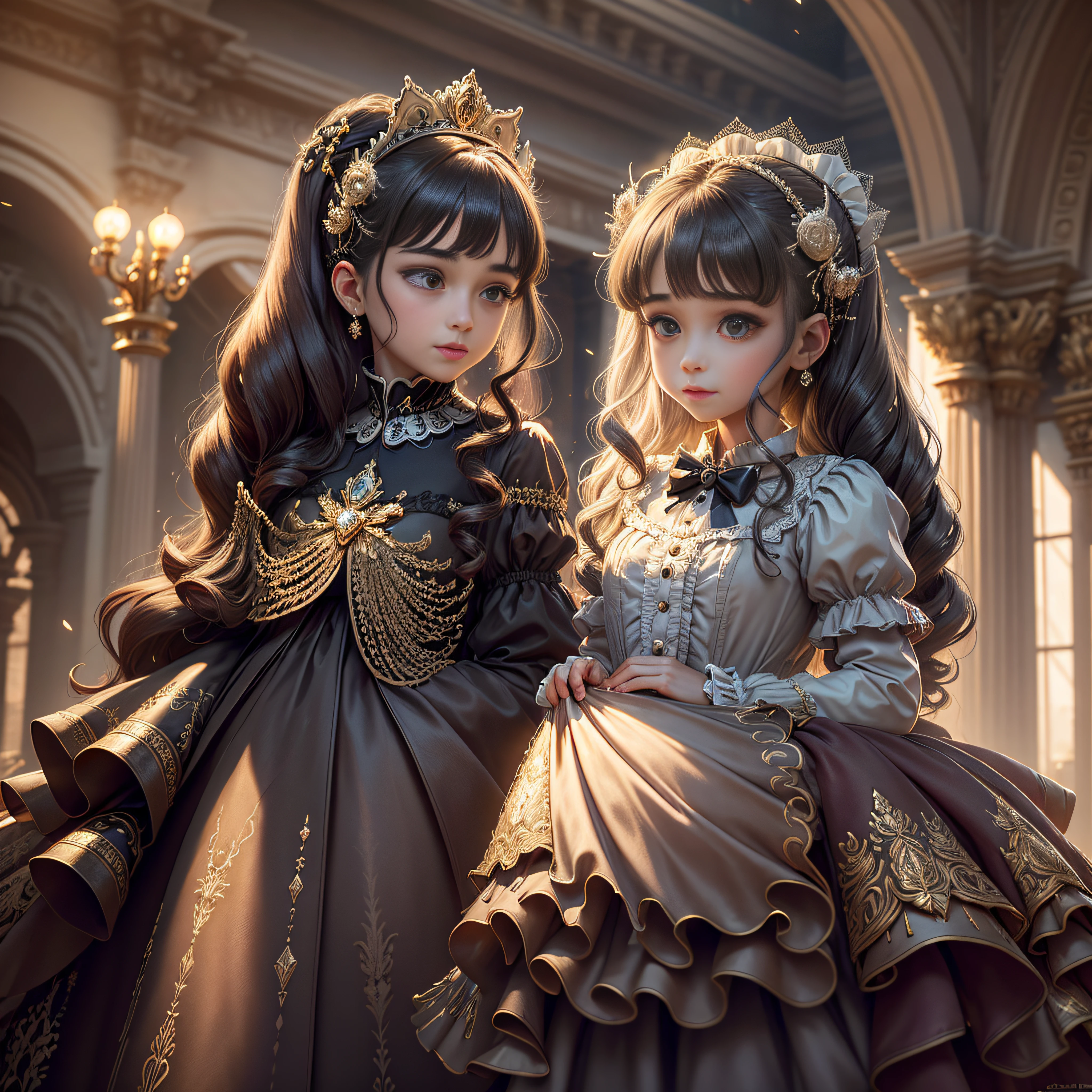 dramatic compositions, Dress in court style, royal, Gorgeous, Cascade frills, frilld, the bow, crystal chandeliers, Roman curly hairstyles, ponet, Double ponytail like a drill, Look at the camera, Bangs, maximalism, palace background, Delicate depiction of hair and eyes, Princess Dresses, Gorgeous skirts, Flowers in hand, Smiles, Starry eyes, Cinematic Light, Extreme Detail, High Definition, happy girl, Very long hair, Diamonds, Broken Diamond, Junction chips, light Particle --auto