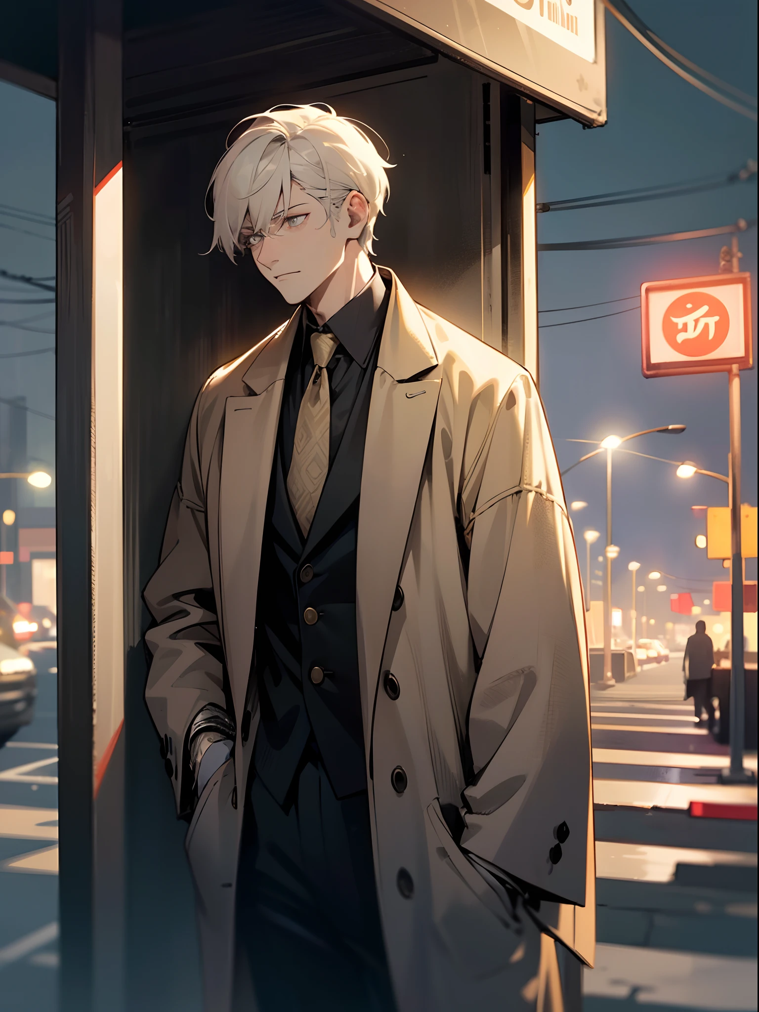 Night time , at a bus stop , spooky lighting , lit only by street light , spooky glow , moody scene , reflections, wearing Fall clothing , (masterpiece, best quality )detailed, 1Character , blue archive art style , pastel washed out colors , cell shade , soft, muted shades ,gentle colors , Handsome man , White hair , very Short hair , gold eyes , light skin , mature man , pale skin , muscular, tall , age 35 ,