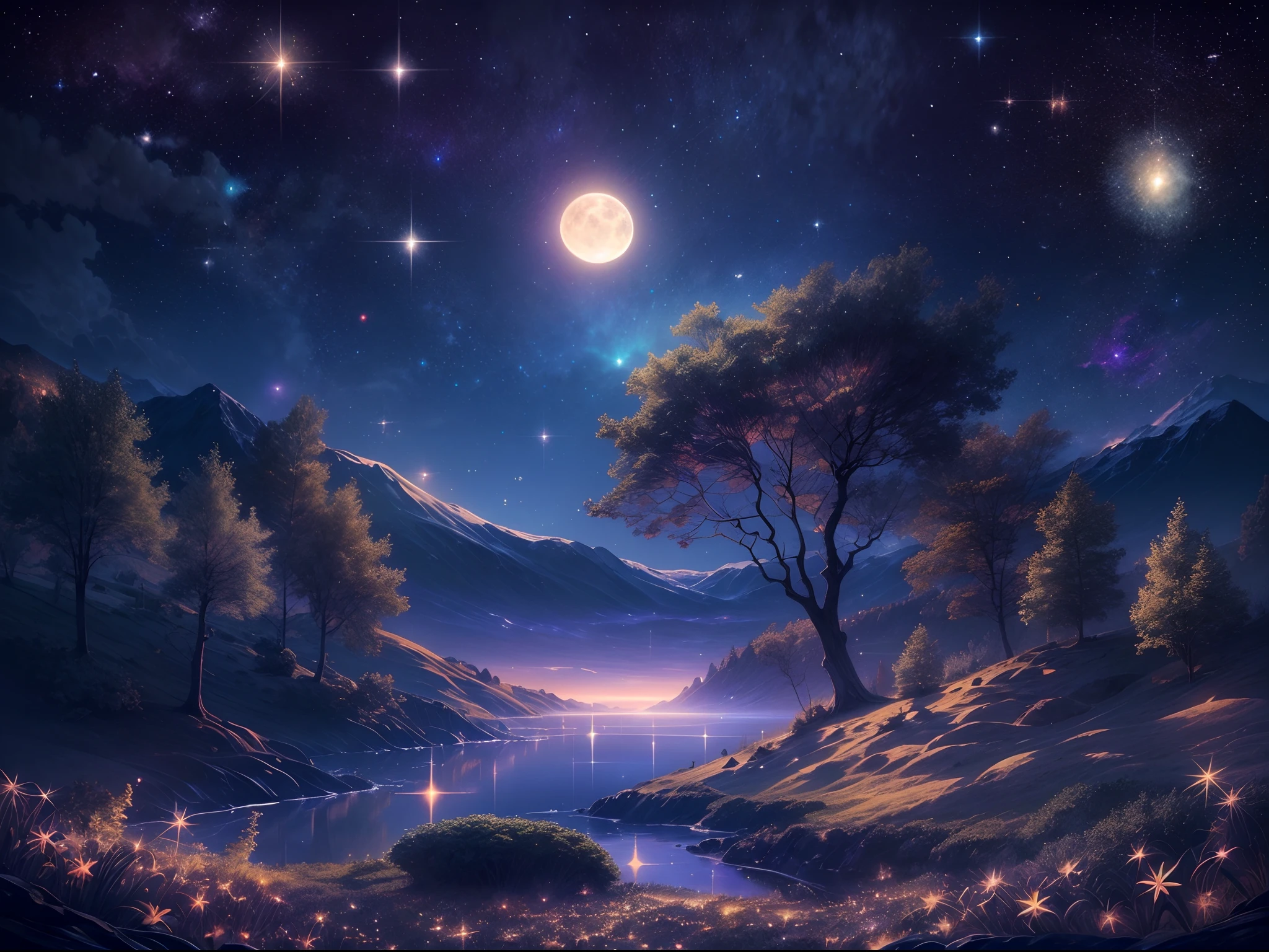 (gaze at the stars, dreamy atmosphere, celestial beauty, sparkling night sky)