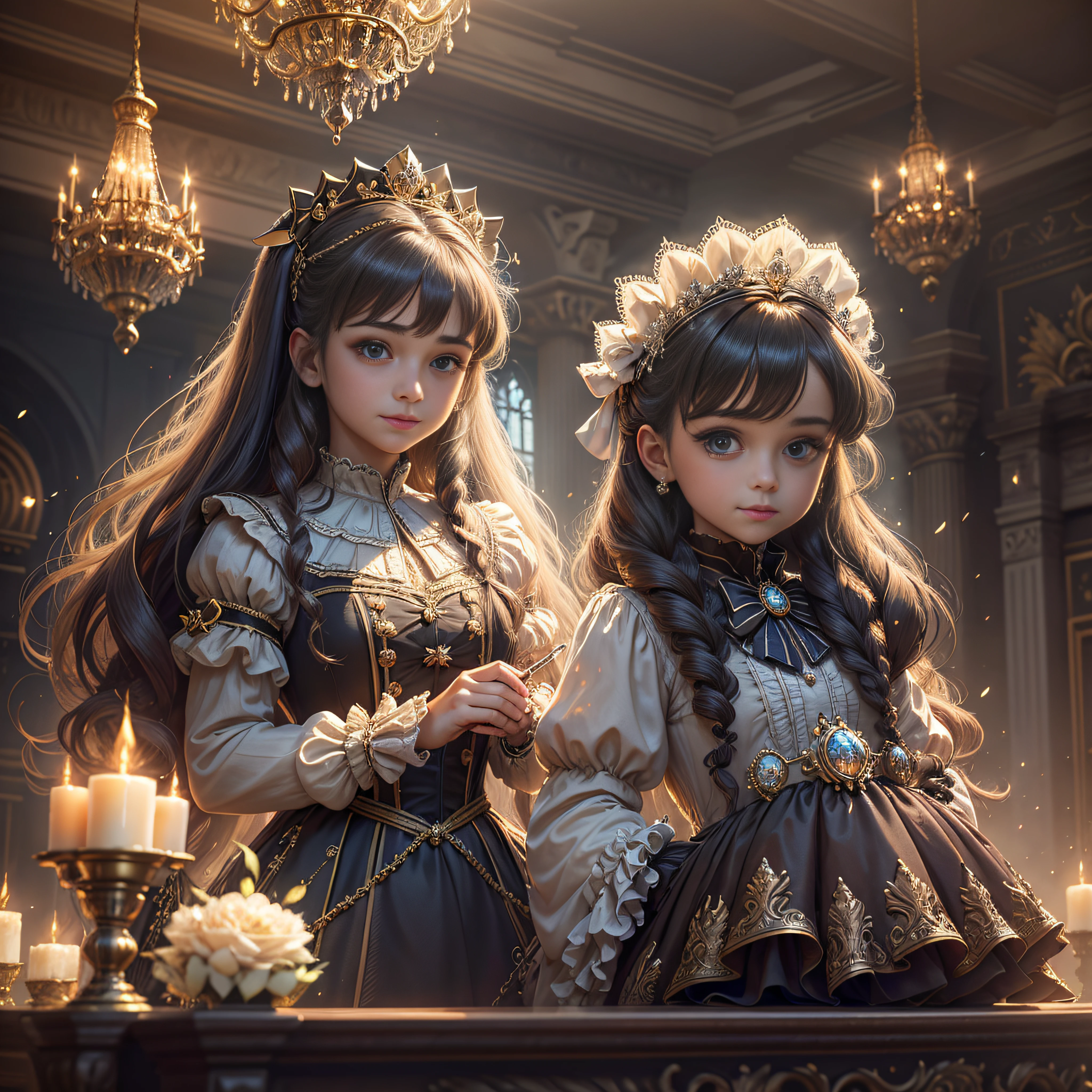 dramatic compositions, Dress in court style, royal, Gorgeous, Cascade frills, frilld, the bow, crystal chandeliers, Roman curly hairstyles, ponet, Double ponytail like a drill, Look at the camera, Bangs, maximalism, palace background, Delicate depiction of hair and eyes, Princess Dresses, Gorgeous skirts, Flowers in hand, Smiles, Starry eyes, Cinematic Light, Extreme Detail, High Definition, happy girl, Very long hair, Diamonds, Broken Diamond, Junction chips, light Particle --auto