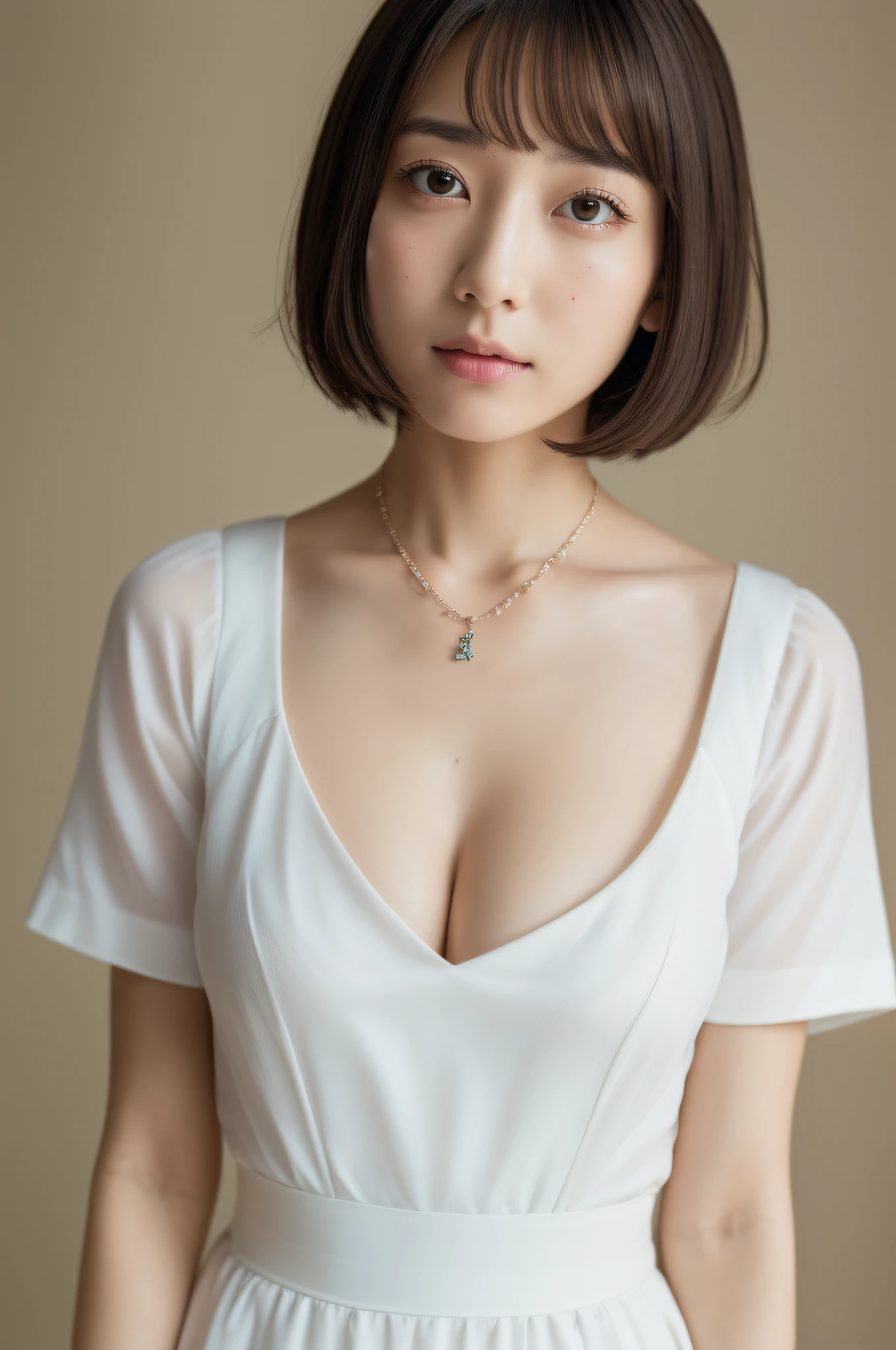 (Best quality, 8k, 32k, Masterpiece, UHD:1.2),Photo of Pretty Japanese woman, large breasts, very short bob hair, upper body, face focus,maid uniform, necklace, simple background, from above, looking at viewer,