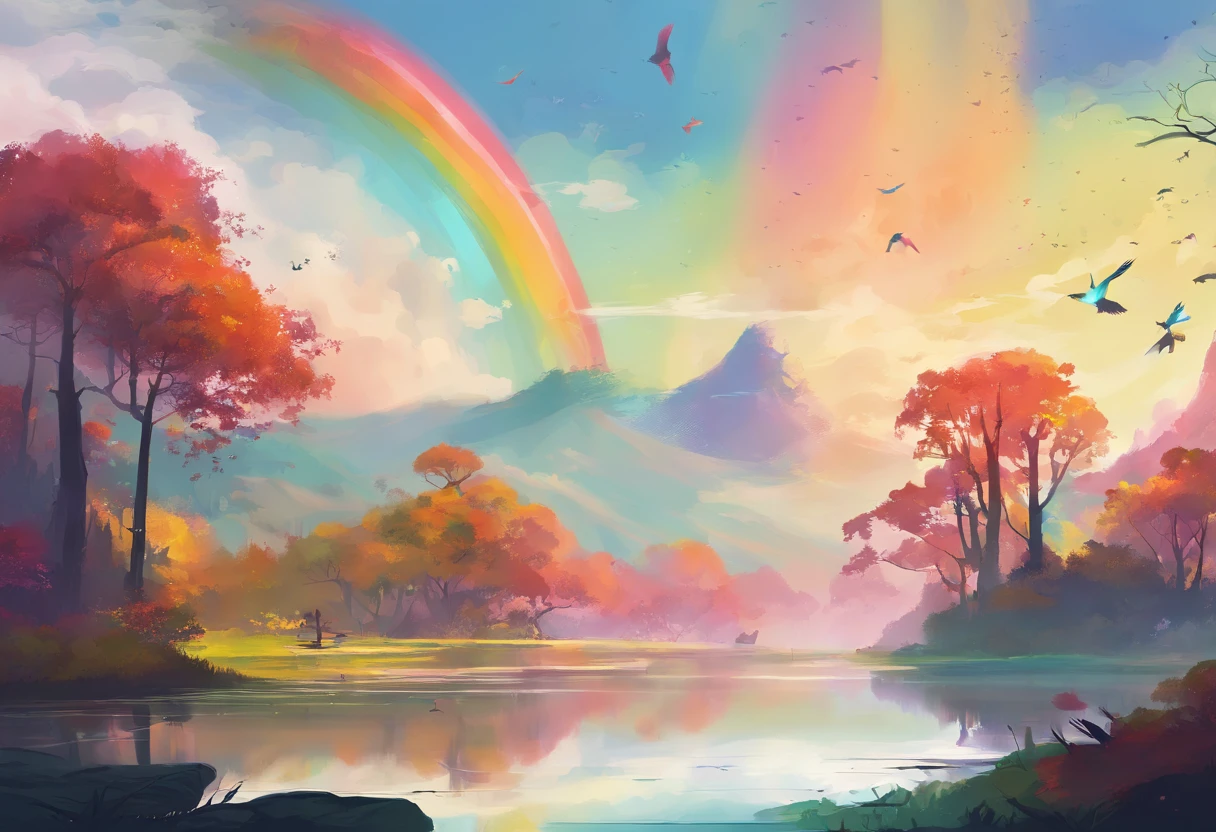 ((A rainbow appears in the sky after the rain)),baiyun, after rainny, Calm lake, inverted image, The outline of the tree, Birds fly, freshen, magical, Beautiful natural landscape