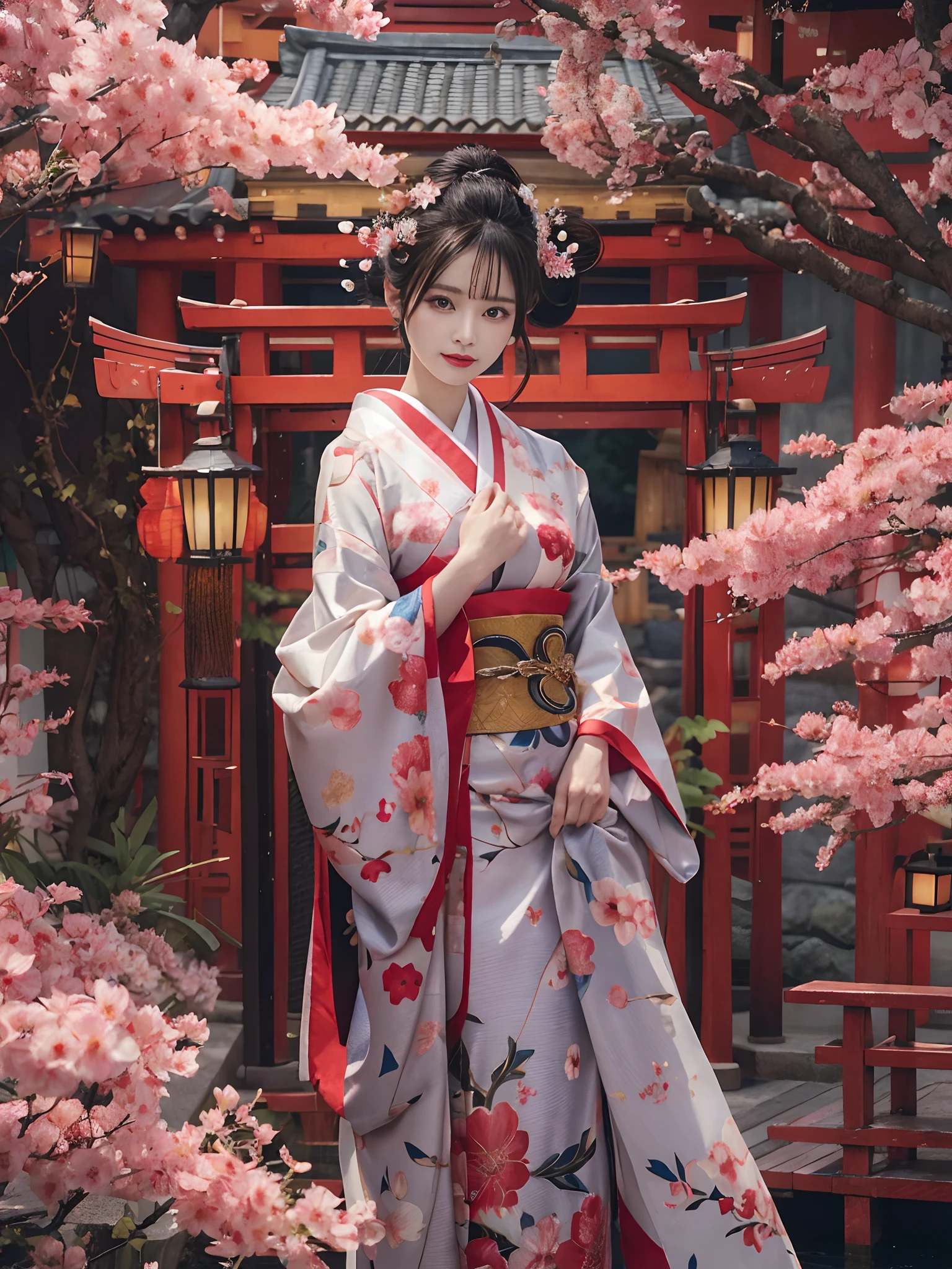 In a futuristic scene, Geisha in Japan with mechanical reinforcement、Elegant in elaborate gardens. She has beautifully detailed eyes and lips that complement her face. Geishas wear traditional kimonos with intricate patterns and designs. Around her are bright cherry trees and a quiet carp pond. The scene is painted with a blend of illustration and photorealism, Ultra-detailed brush strokes and clarity, Vivid colors. Lighting emphasizes the elegant features of the geisha, Gives her porcelain skin a soft glow. Artwork is of the highest quality, 4K or 8K resolution, Showcase the intricate details of geisha attire, cherry trees, And the shimmering scales of carp. The overall color scheme is、It is a combination of traditional shades of Japan, Crimson, etc., blacks, and subtle gold accents, With a futuristic twist. The fusion of ancient traditions and modern technology is、Create captivating and visually striking masterpieces.shoulders are exposed, Chest is visible、You can see the valley、are visible、Shoulders exposed、Chest revealed