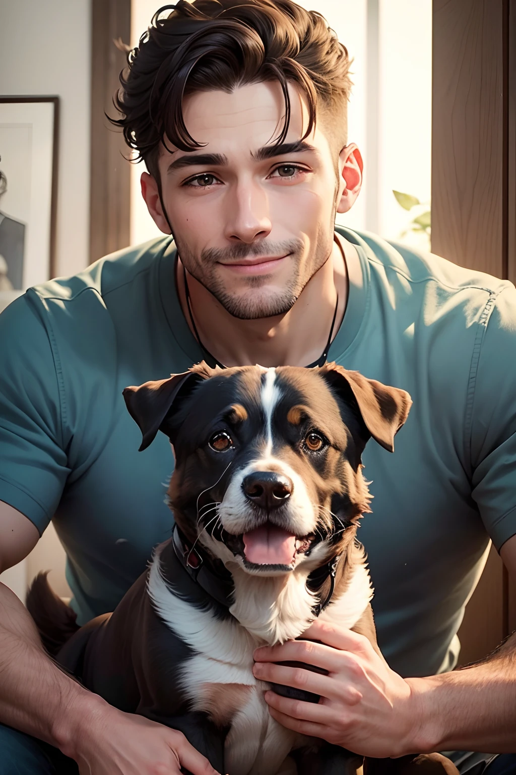 a photo of a man who love his dogs looking to the camera, all of then very happy