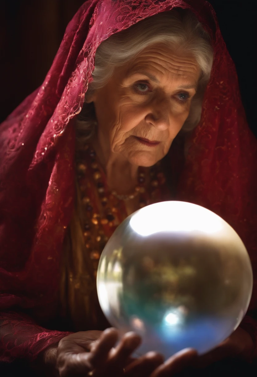 Elderly Psychic Straight Looking At Photo With Crystal Ball With Crystal Ball Looking Ahead