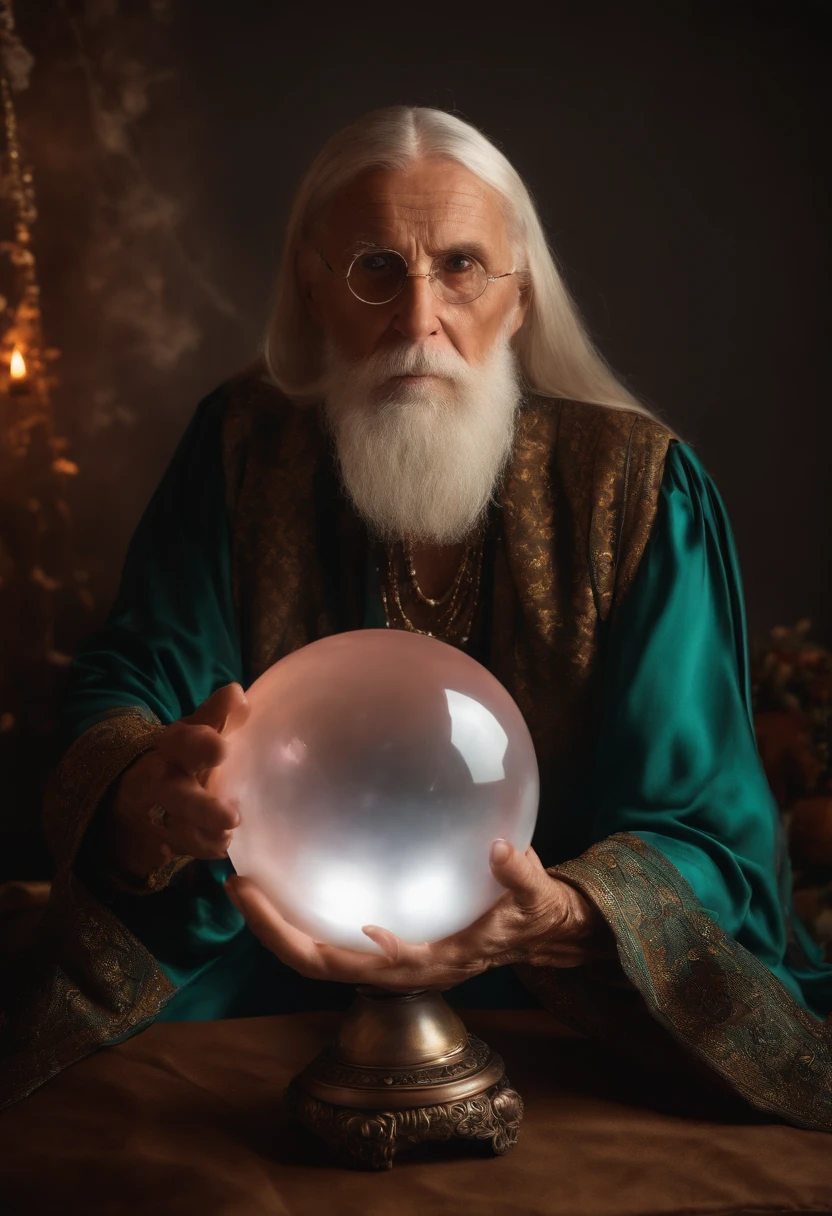 Elderly Psychic Straight Looking At Photo With Crystal Ball With Crystal Ball Looking Ahead