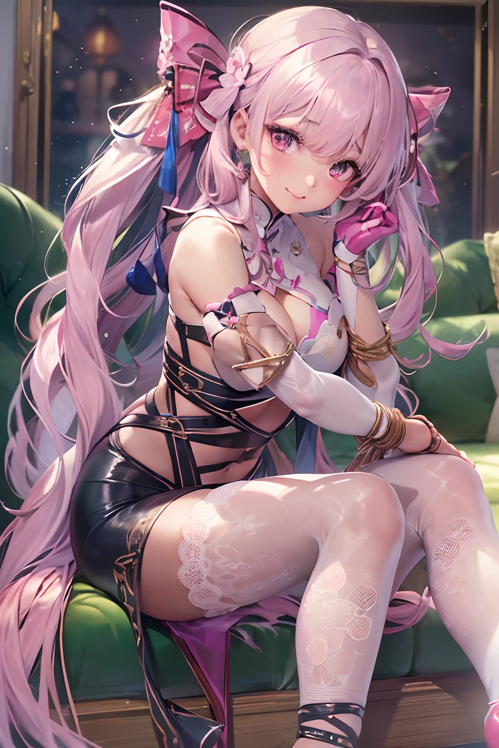 ((16ｋ,Raw photography,top-quality,hight resolution,Ray tracing,PBR Texture,Post-processing,)),(((Pink leather bondage , Cute Japan anime girl,魔法少女まどか☆マギカ,Homura Akemi,long wavy dark blue hair,Emphasize cleavage,bare hand,Thin leg,Detailed hand,Thin beautiful legs,Elaborate limbs))),(finerly detailed face:1.4),(​masterpiece:1.4),(top-quality:1.4), Beautiful fine skin,(cute little:1.5),(Complex black stockings),pin heels,Leather luster 3.0,Beautiful skin,(pink bodycon),((tthin eyebrows,long eyelashes,smil,二重まぶた,)),Real Photo Stick,Sofa in the hotel lounge,No title required,Do not wear anything on your shoulders, Nasty figure, Detailed hand,Staring from the front,Cheongsam with beautiful pattern,