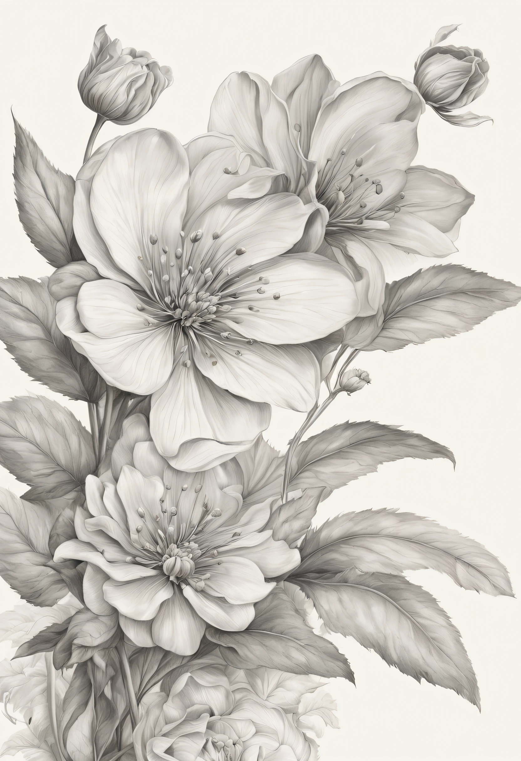 Draw stunning flower illustrations using pencils or digital drawing tools. Make sure to avoid using color gradients, focus on very fine and accurate details. Choose one type of flower as the main object, and show each leaf, petal, and other parts as clearly as possible. Try to make every detail look lively and real. Emphasize the precision and beauty of floral anatomy. Make sure that the image depicts the beauty of the flowers in depth and gives a sense of realism