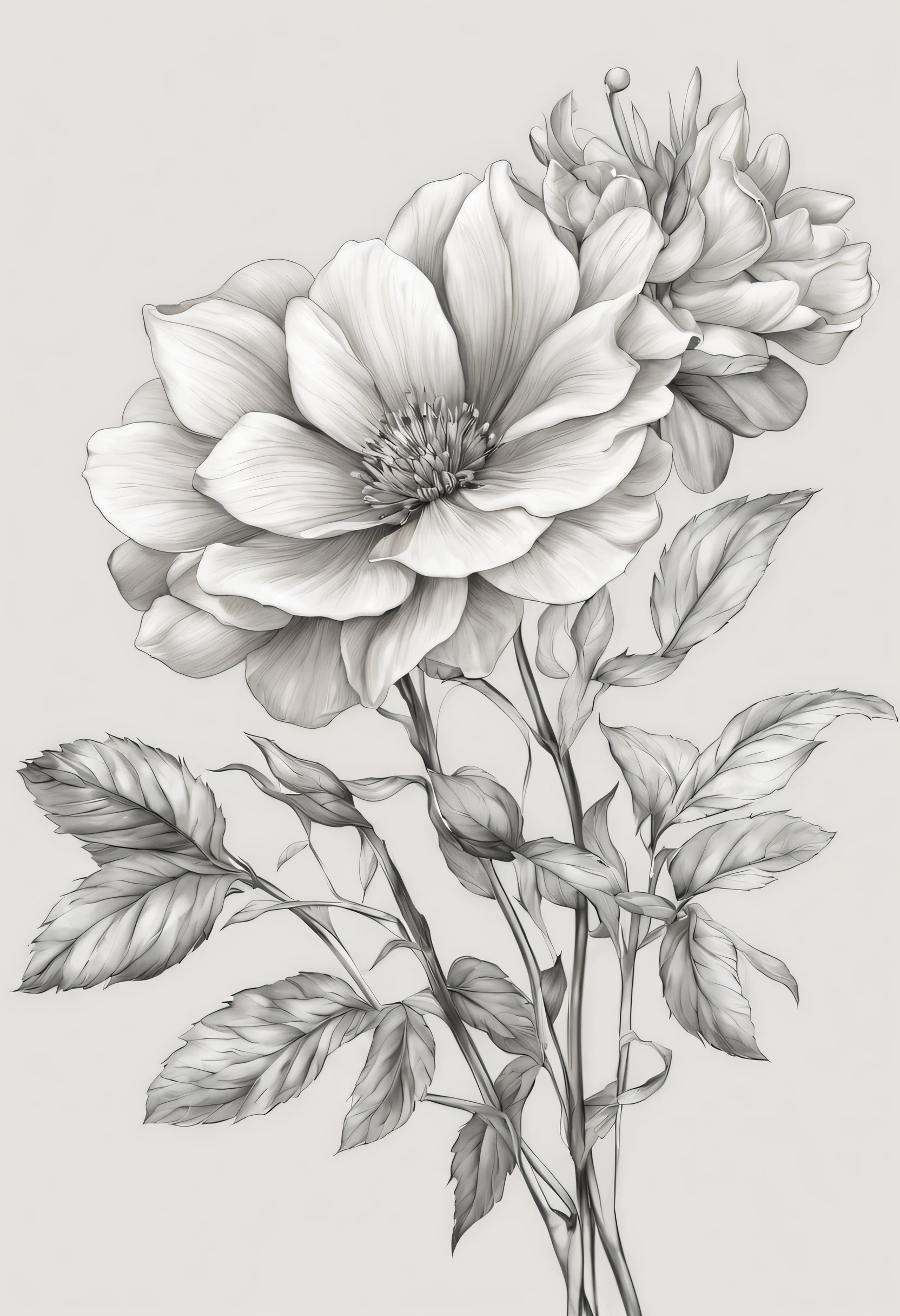 Draw stunning flower illustrations using pencils or digital drawing tools. Make sure to avoid using color gradients, focus on very fine and accurate details. Choose one type of flower as the main object, and show each leaf, petal, and other parts as clearly as possible. Try to make every detail look lively and real. Emphasize the precision and beauty of floral anatomy. Make sure that the image depicts the beauty of the flowers in depth and gives a sense of realism