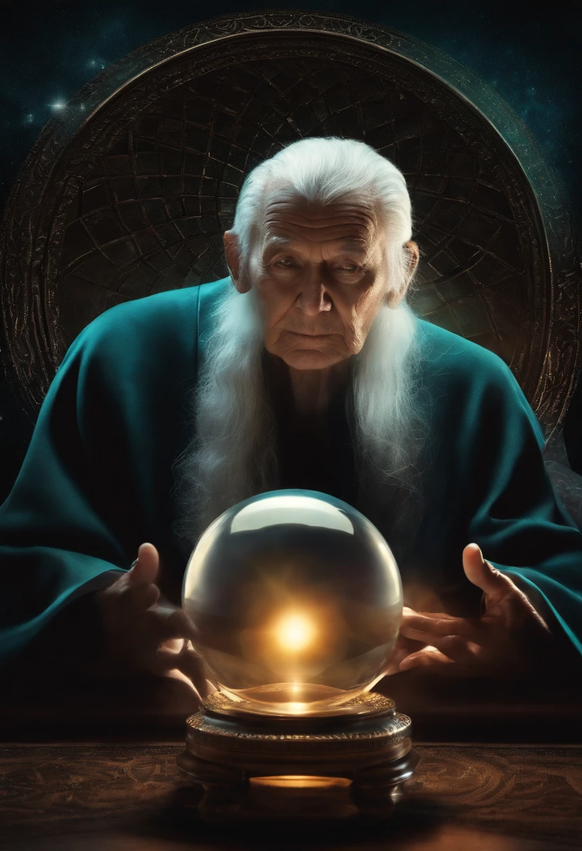 Elderly psychic with crystal ball with crystal ball looking forward