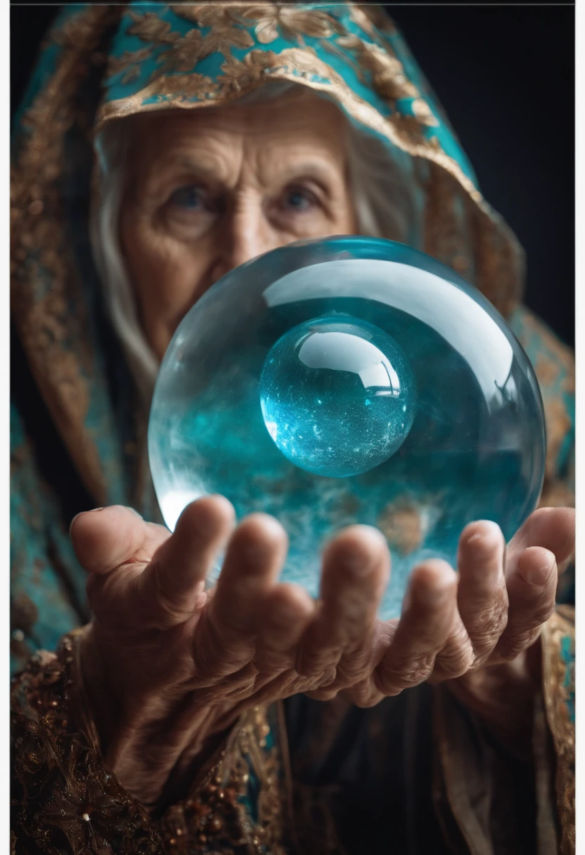 Elderly psychic with crystal ball with crystal ball looking forward