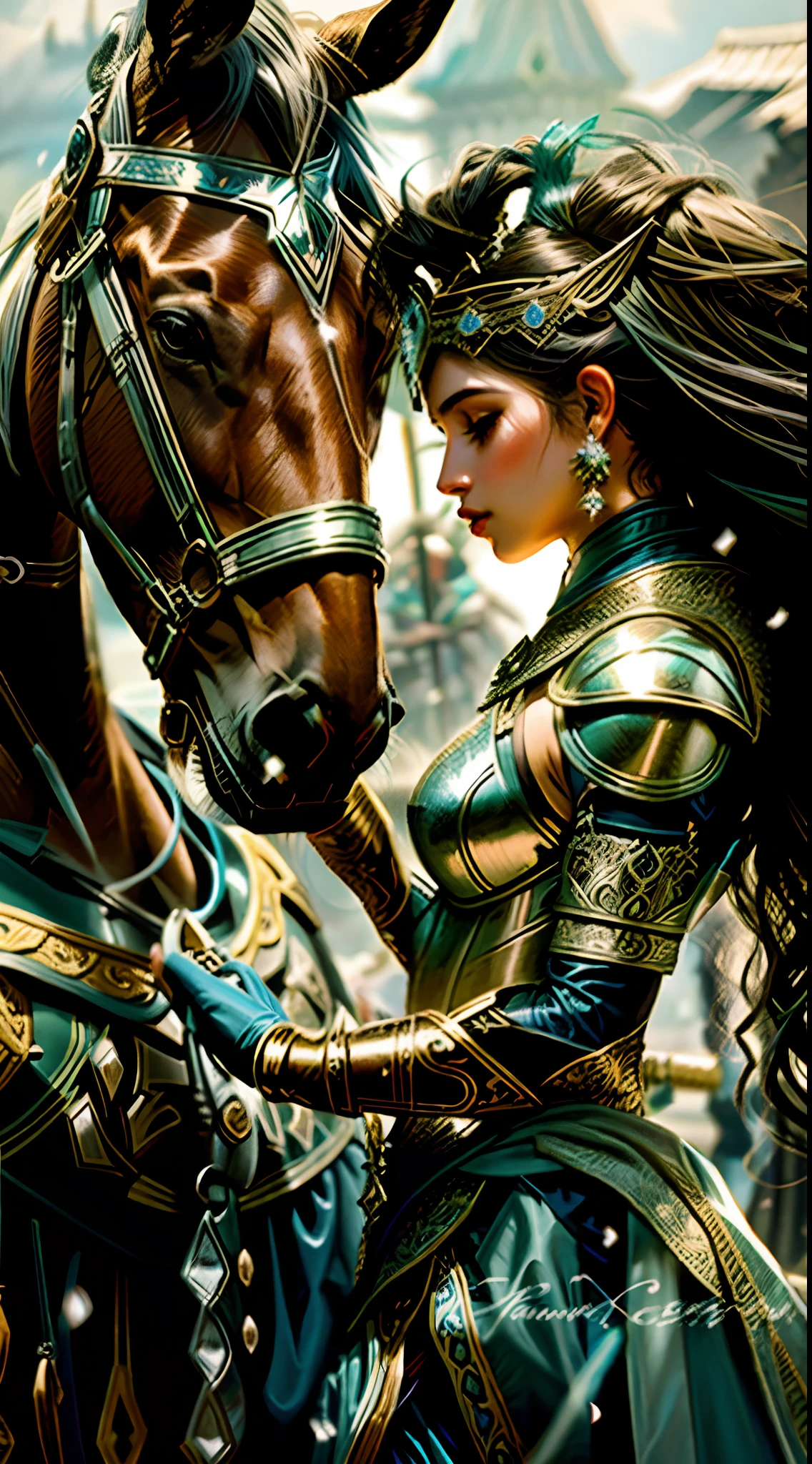 um close up de uma mulher de armadura ao lado de um cavalo, Cavalo Guerreiro, ((uma bela imperatriz fantasia)), beautiful depiction, Warrior Woman, Rainha guerreira, arte bonita, Magali Villeneuve», pele escura deusa feminina do amor, Princesa negra africana, de uma bela cavaleiro feminina, armadura bonita, princesa guerreira, bela arte digital, beautiful artwork, arte linda