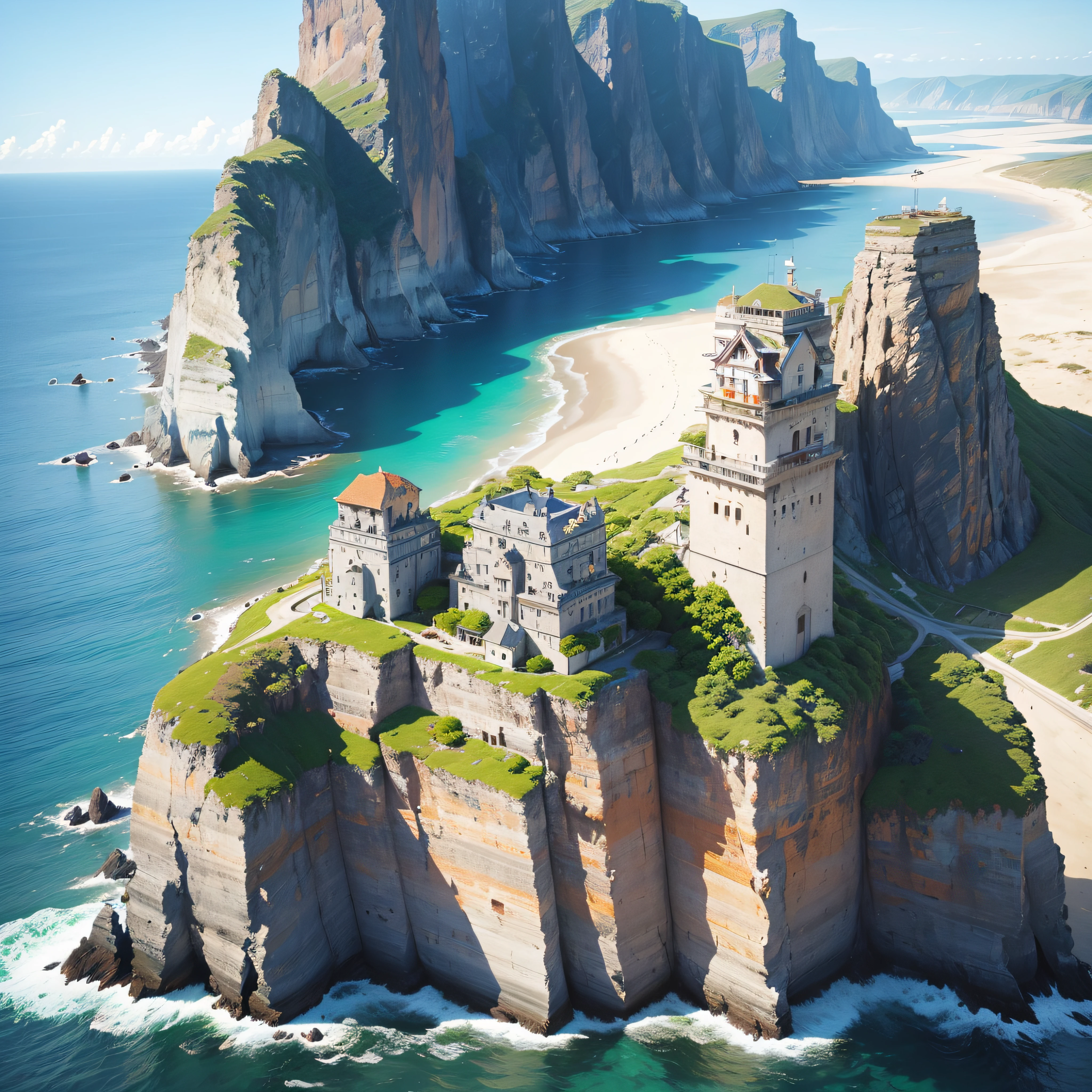 (masutepiece, of the highest quality: 1.1), birdseye view, Asymmetry, Blue Sea, Dry tide, ocean waves, sea route, Coastal roads, Sandy beach, seashells, pier, sailboat, Boat, Ship Wake, shipwreck, steamer, contrail, Car, tourist, lighthouse, Seagull , Horizon, Wind, Summer, hat, morning, Sunny, cloud, Calm, fresh air, depth of fields --auto