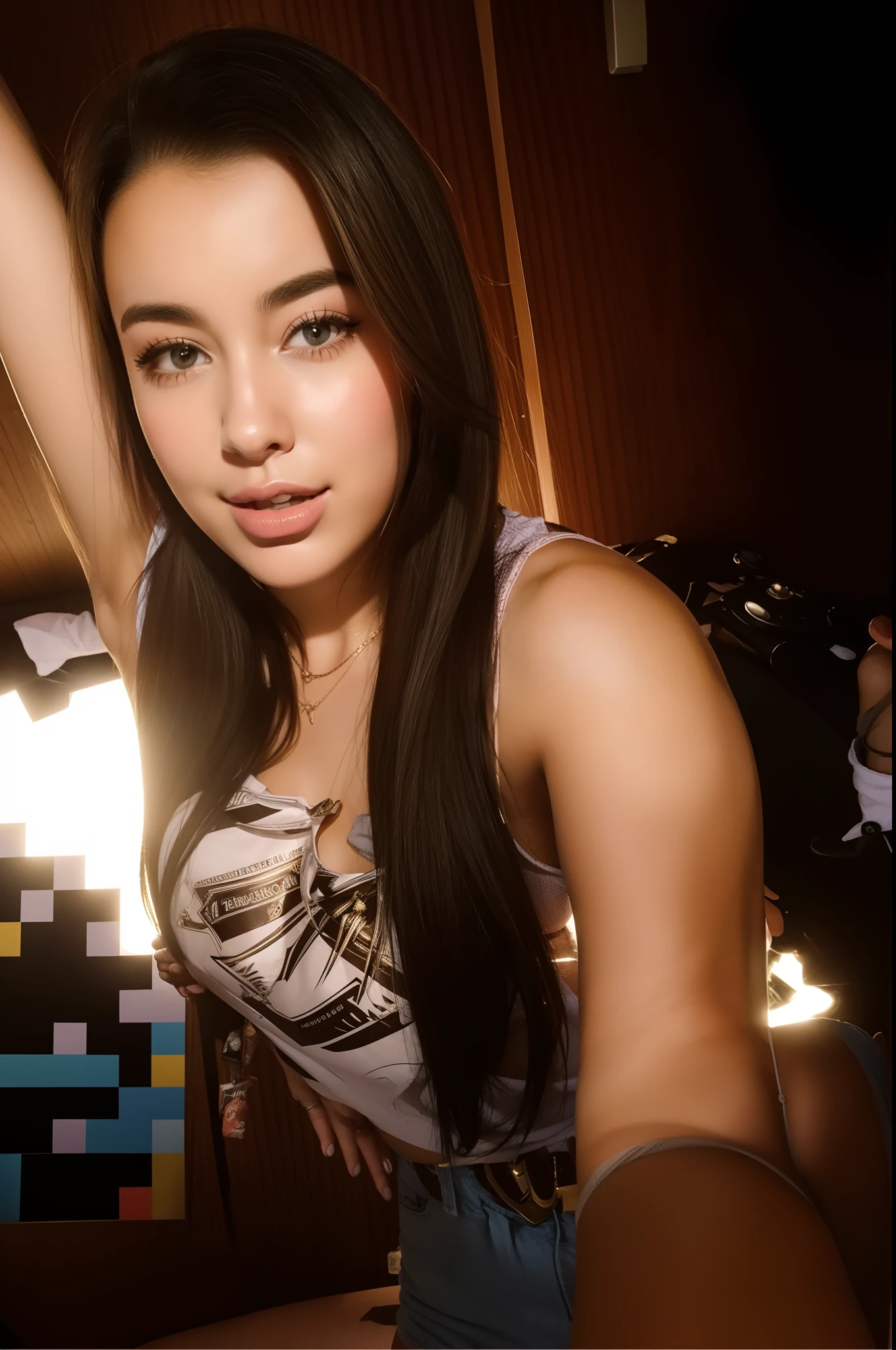 mulher arafed tirando uma selfie em um espelho em um banheiro, Dua Lipa, Charli Bowater, 18 anos, 21 anos, 2 2 anos, Ana de Armas, 2 3 anos, 2 4 anos, Charli XCX |, her navel is exposed, Anna Nikonova aka Newmilky, Kailee Mandel