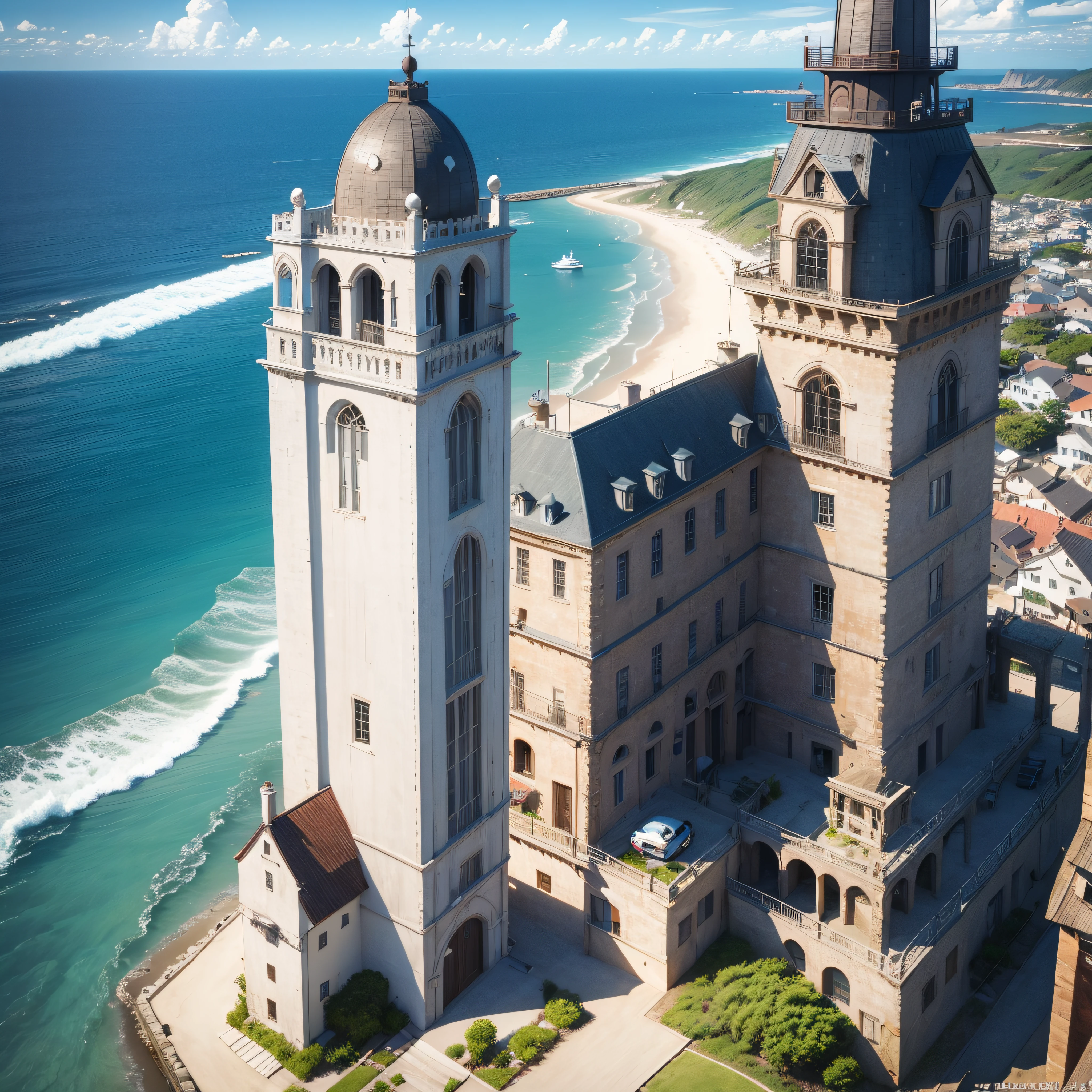 (masutepiece, of the highest quality: 1.1), birdseye view, Asymmetry, Blue Sea, Dry tide, ocean waves, sea route, Coastal roads, Sandy beach, seashells, pier, sailboat, Boat, Ship Wake, shipwreck, steamer, contrail, Car, tourist, lighthouse, Seagull , Horizon, Wind, Summer, hat, morning, Sunny, cloud, Calm, fresh air, depth of fields --auto