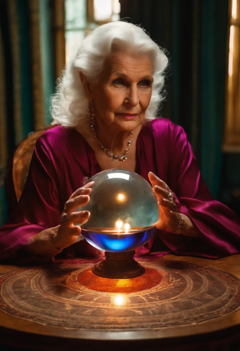 Elderly psychic sitting with crystal ball on top of table looking ahead