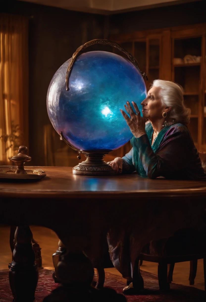 Elderly psychic sitting with crystal ball on top of table looking ahead