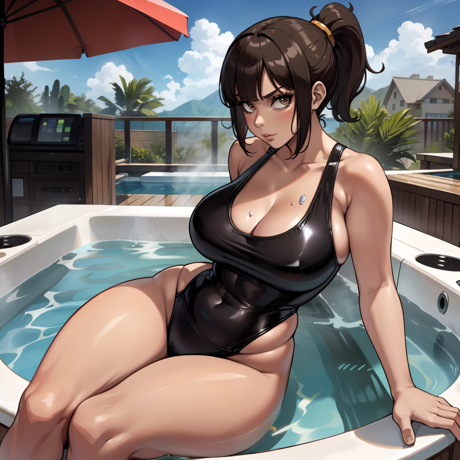 one female with short ponytail brown haircut, wearing one piece black bathing suit, thicc, alone, solo, (ALONE)(SOLO), showing cleavage, facing forward, looking at me, looking forward, showing belly, sitting in hot tub in backyard