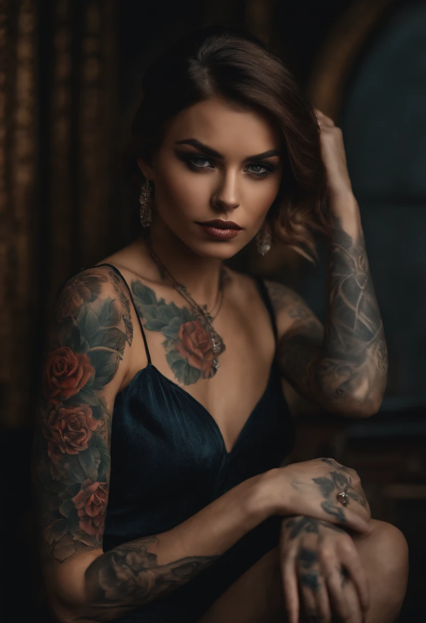 tattooed girls, Very beautiful, Murderous,beautiful woman, betrayal, Anger, Dark background, 8K, Live wallpaper, Very delicate, Very dense