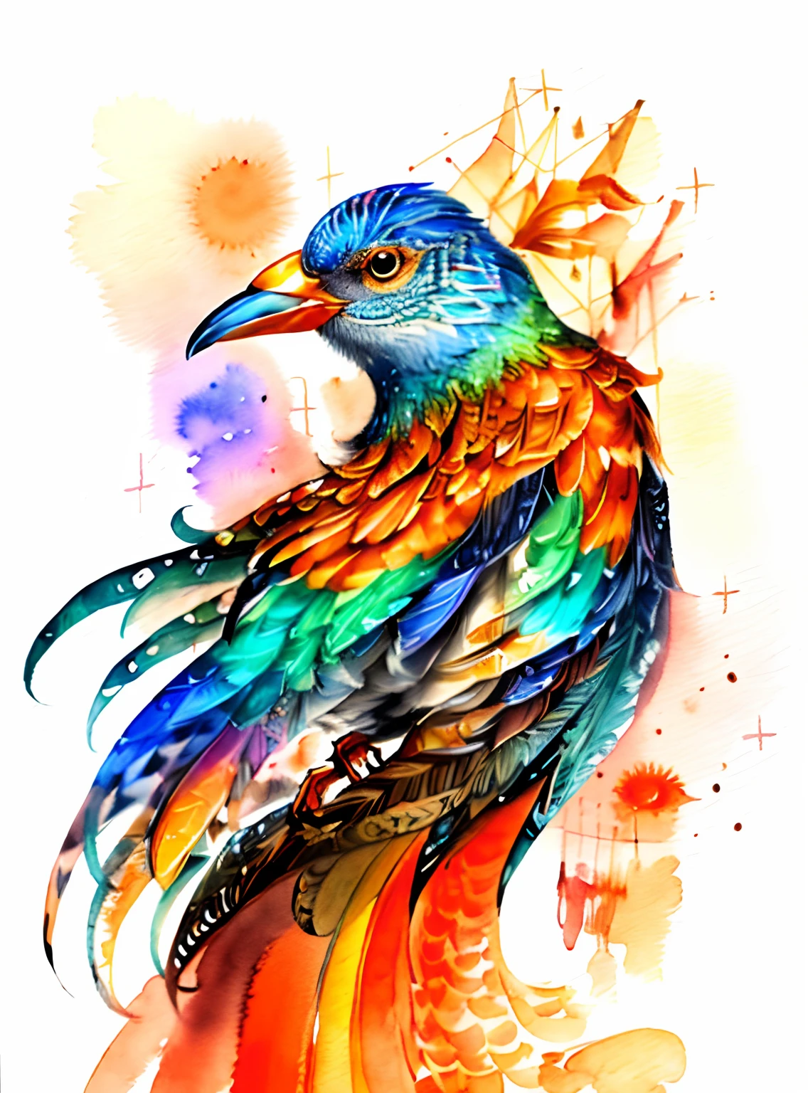 Intricate watercolor painting of a bird, orange beak, colorful feathers, iridescence, vivid colors, masterpiece, by Rachel Walker