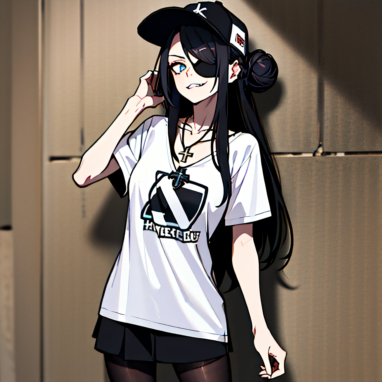 (absurdres, 8k, 4k, masterpiece, hyper extreme detailed:1.2), best quality, expressive eyes, highres, perfect eyes, 1girl, perfect face, perfect hands, Long Hair, Black hair, braided buns, buns in hair, large bust, crazy face, crazy eyes, crazy smile, eyepatch, gothic, cross necklace, black shirt, streetwear, pantyhose, baseball cap, curious, half body, street clothing, graphic t-shirt, standing, leaning against wall, gothic, pale skin, no background, absurdquality, shocked, concerned, confused, head tilt, cowboy_shot,