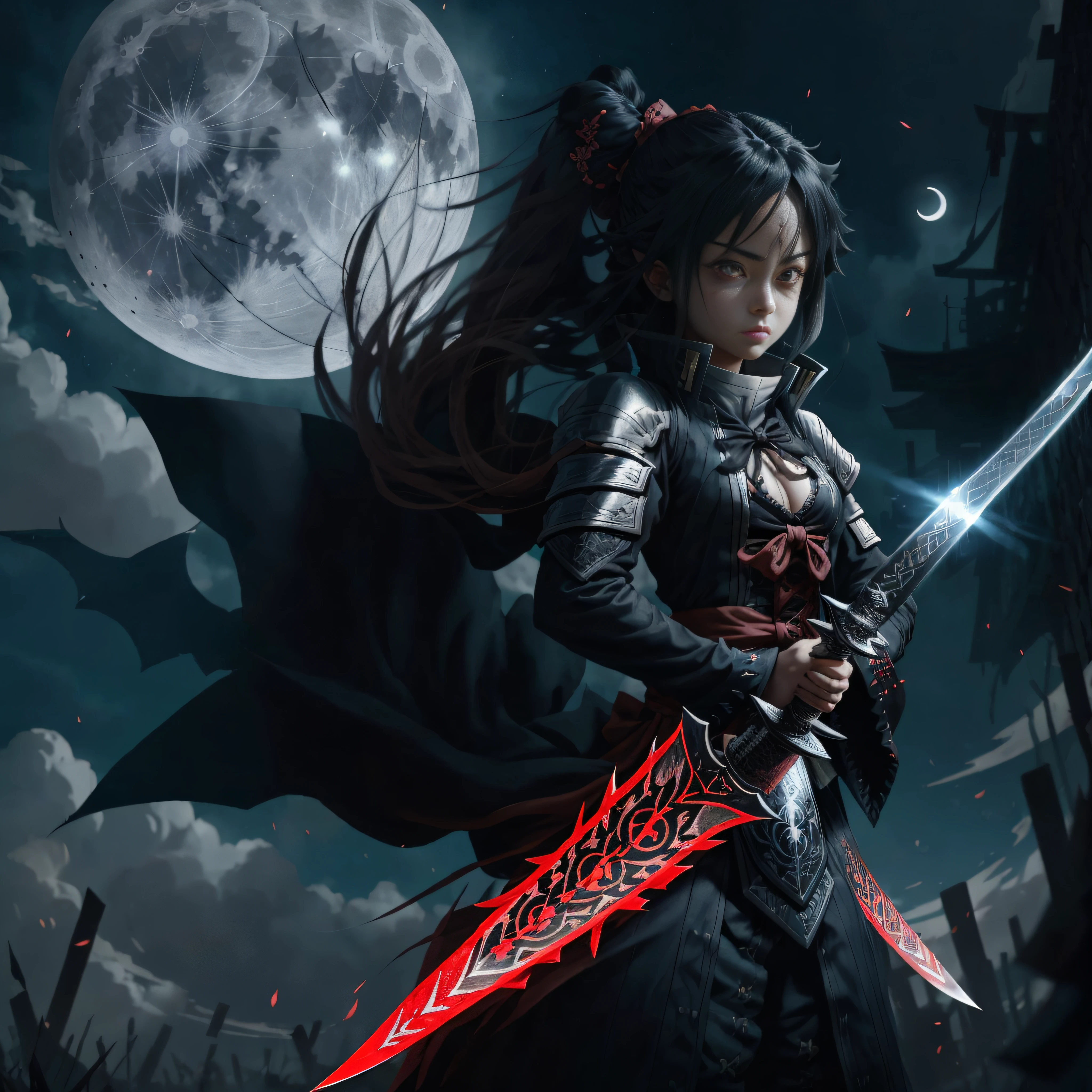Long-haired anime character holding a sword in front of the full moon, Cute face of demon slayer art, Kimetsu no Yaiba, Inspired by Demon Slayer, Yoriichi Tsuguni, demon slayer artstyle, Demon Slayer anime image, Tanjiro Kamado --auto