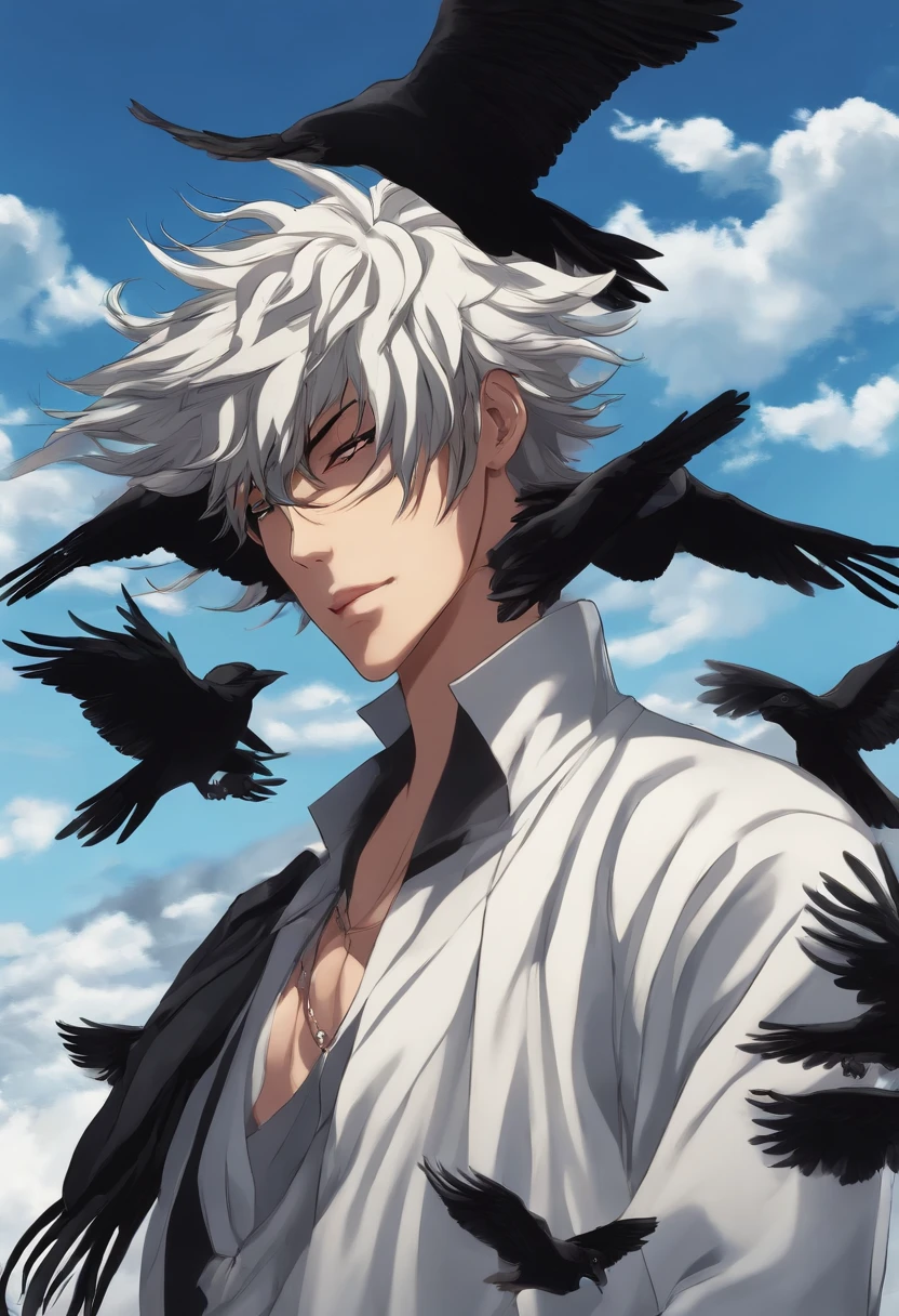 urahara do anime bleach, com asas negras abertas, rodeado por corvos, Crows flying in the sky, estilo anime