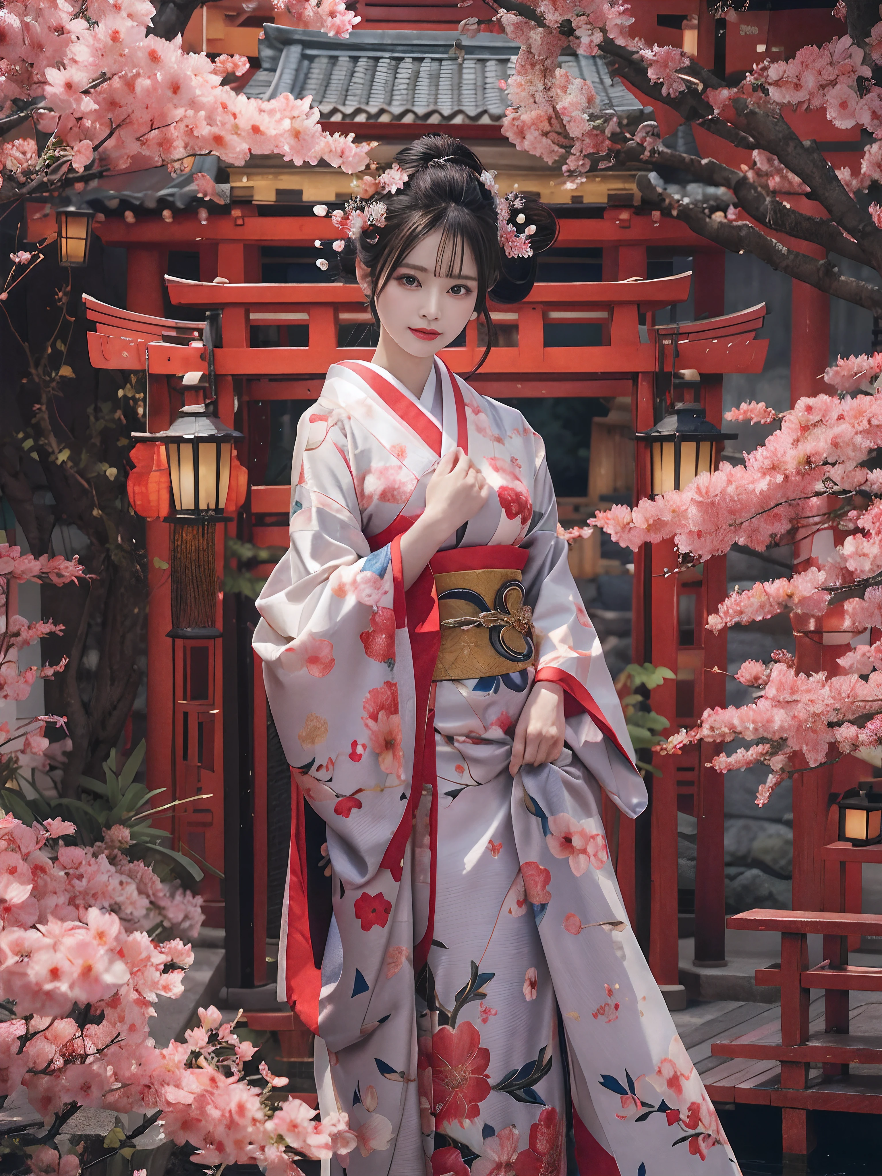 In a futuristic scene, Geisha in Japan with mechanical reinforcement、Elegant in elaborate gardens. She has beautifully detailed eyes and lips that complement her face. Geishas wear traditional kimonos with intricate patterns and designs. Around her are bright cherry trees and a quiet carp pond. The scene is painted with a blend of illustration and photorealism, Ultra-detailed brush strokes and clarity, Vivid colors. Lighting emphasizes the elegant features of the geisha, Gives her porcelain skin a soft glow. Artwork is of the highest quality, 4K or 8K resolution, Showcase the intricate details of geisha attire, cherry trees, And the shimmering scales of carp. The overall color scheme is、It is a combination of traditional shades of Japan, Crimson, etc., blacks, and subtle gold accents, With a futuristic twist. The fusion of ancient traditions and modern technology is、Create captivating and visually striking masterpieces.shoulders are exposed, Chest is visible、You can see the valley、are visible、Shoulders exposed、Chest revealed