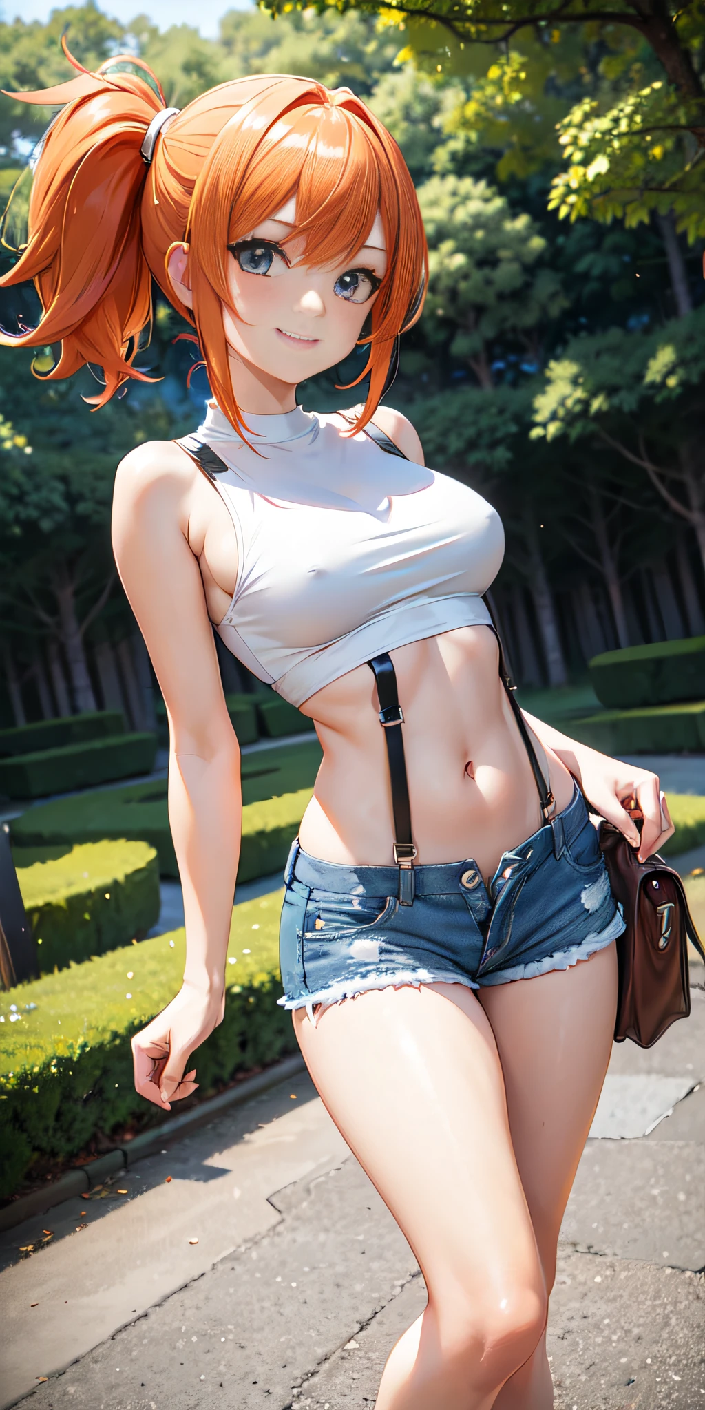 professional anime, anime :Pokemon, anime style: OLM.inc, masterpiece, best quality, high resolution, 1 woman only, misty (pokemon), orange hair, solo, shorts, suspenders, side ponytail, orange hair, stomach, yellow crop top, navel, short hair, denim, jean shorts, smile, cowboy shot, standing, pace_sign, outdoors, ((90% Nude))